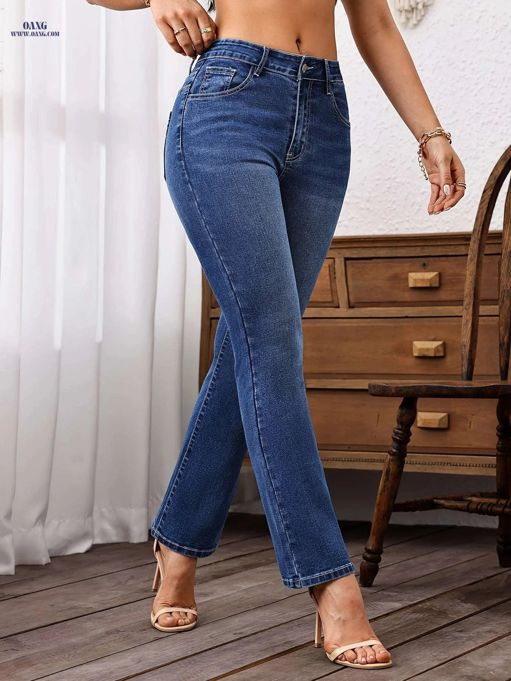Women's High-Waisted Stretch Denim Pants - Mid-Rise Embroidered Jeans   OAXG Medium Blue / S