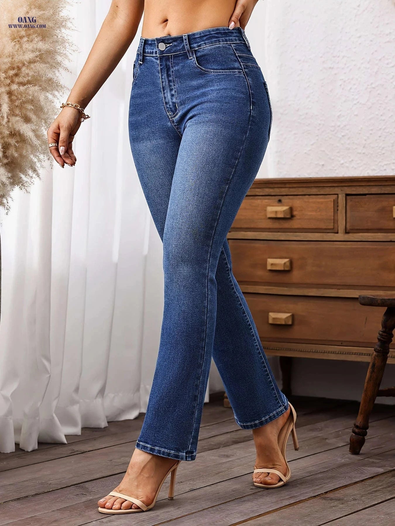 Women's High-Waisted Stretch Denim Pants - Mid-Rise Embroidered Jeans   OAXG Medium Blue / S