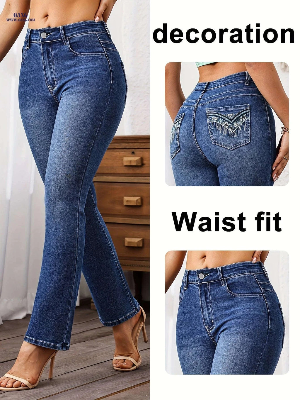 Women's High-Waisted Stretch Denim Pants - Mid-Rise Embroidered Jeans   OAXG Medium Blue / S