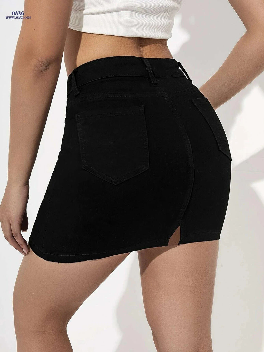 Women's High-Waisted Stretch Denim Skirt - Elegant Solid Black Fit   OAXG Black / XS