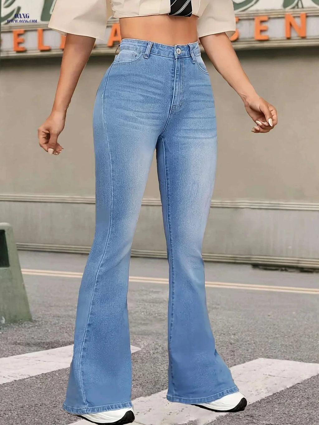 Women's High-Waisted Stretch Flared Jeans - All-Season Comfort Fit   OAXG Sky Blue / XS