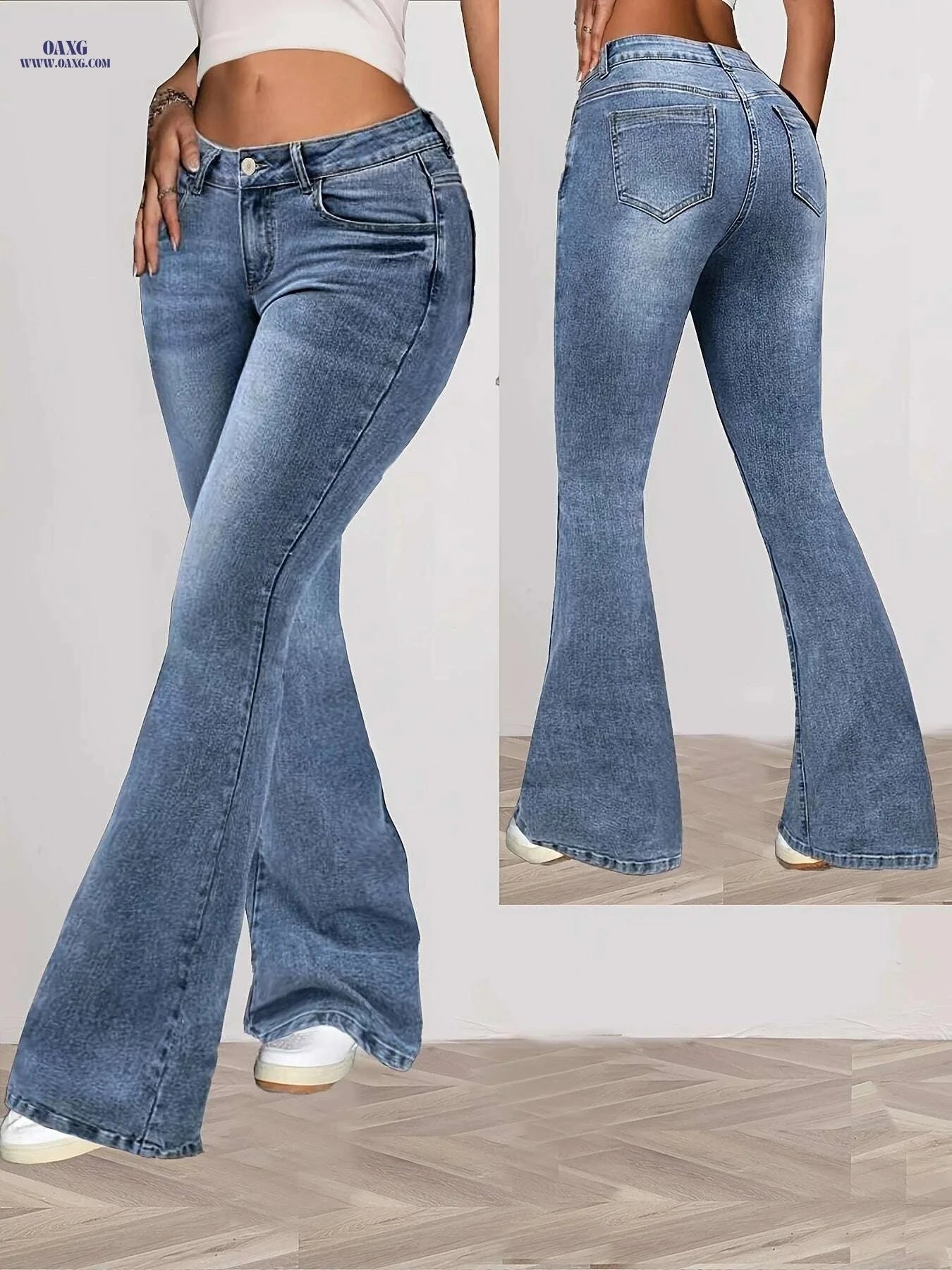 Women's High-Waisted Stretch Flared Jeans - Slim Fit Elegant Style   OAXG Sea Blue / XS