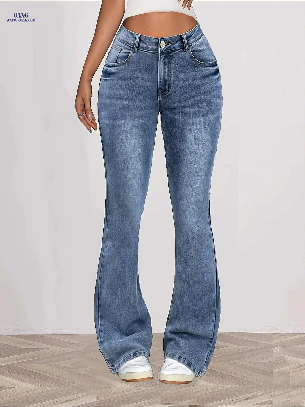 Women's High-Waisted Stretch Flared Jeans - Slim Fit Elegant Style   OAXG Sea Blue / XS