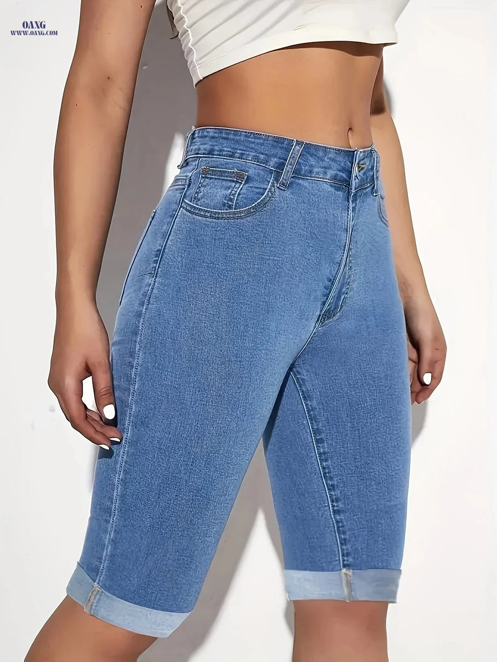 Women's High-Waisted Stretchy Denim Shorts - Perfect for Cycling   OAXG 