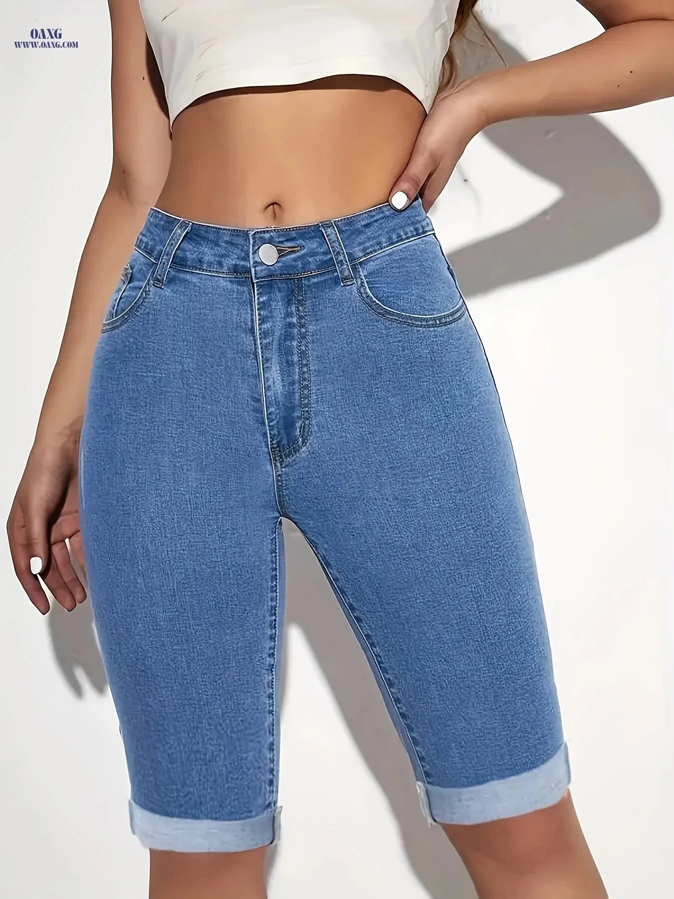 Women's High-Waisted Stretchy Denim Shorts - Perfect for Cycling   OAXG 