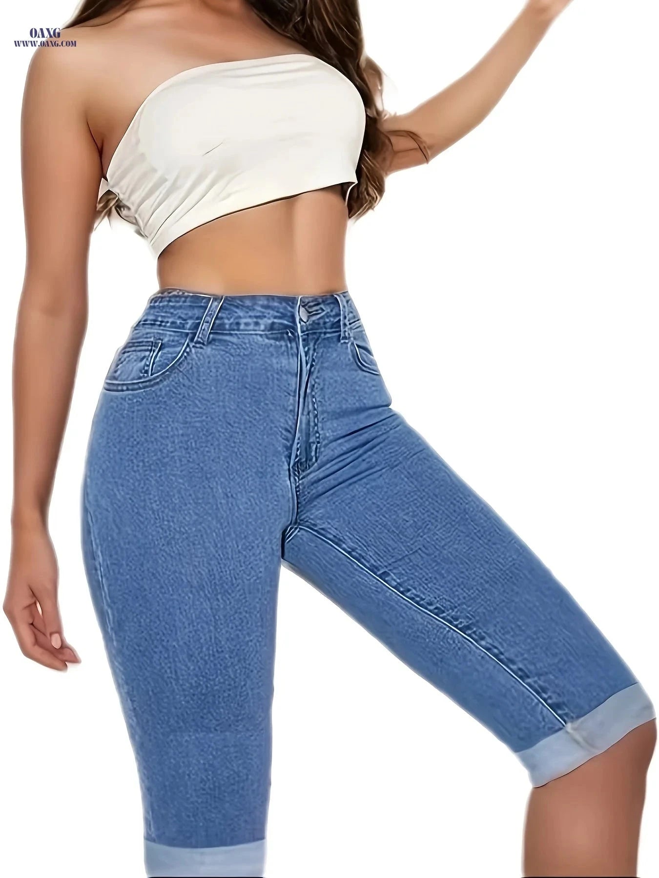 Women's High-Waisted Stretchy Denim Shorts - Perfect for Cycling   OAXG 