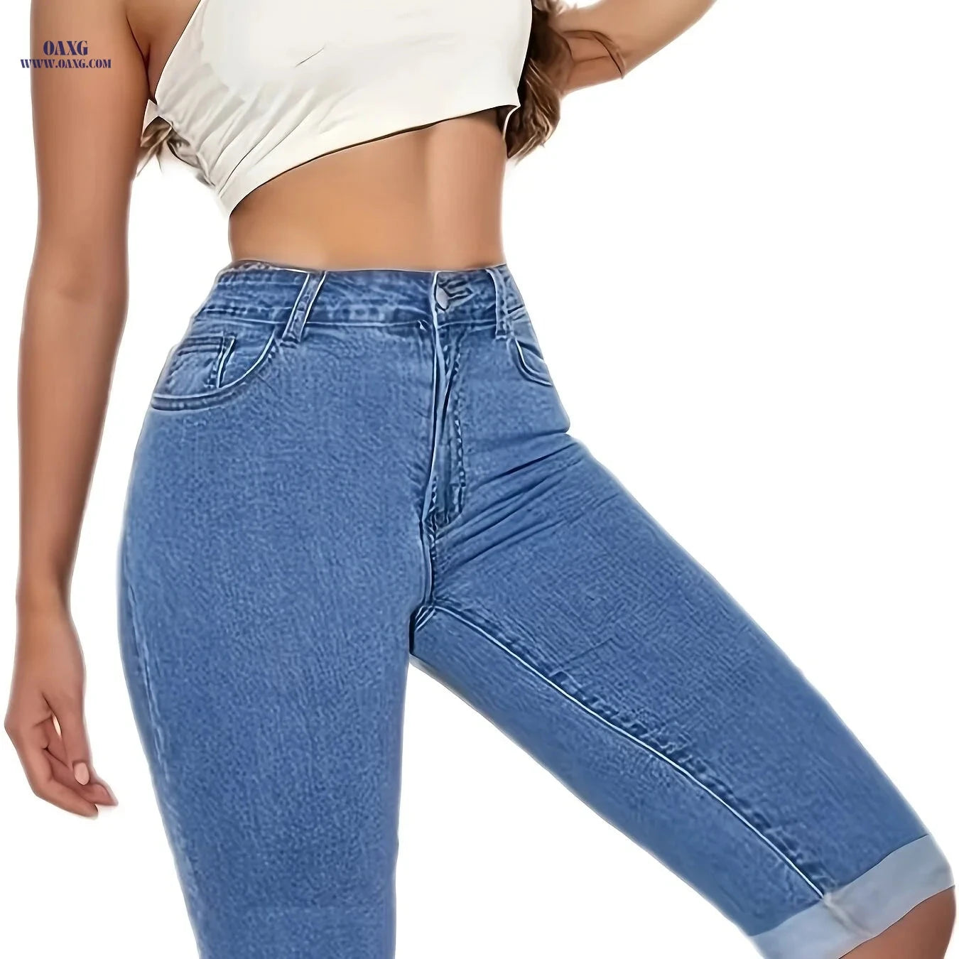Women's High-Waisted Stretchy Denim Shorts - Perfect for Cycling   OAXG 