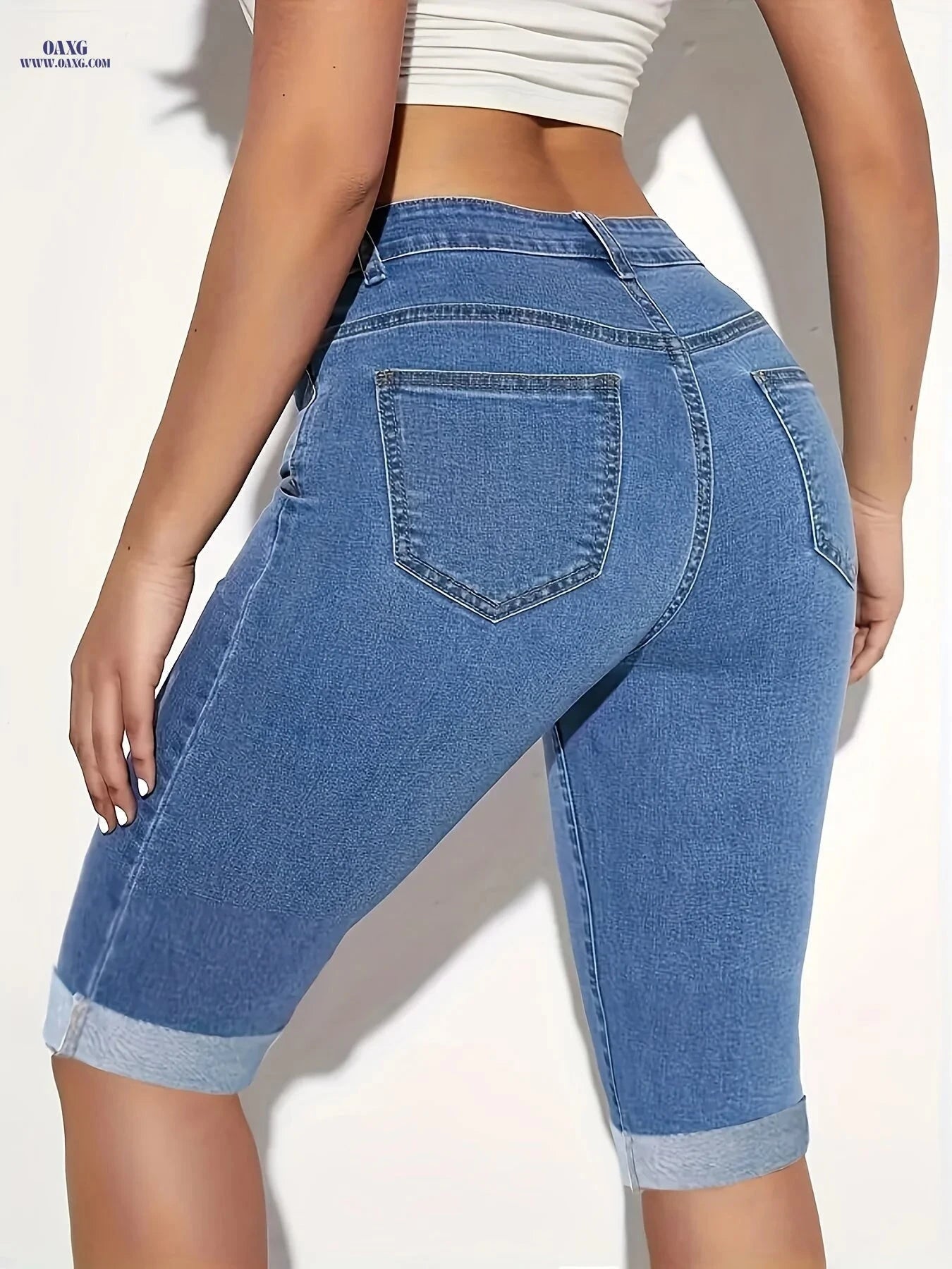 Women's High-Waisted Stretchy Denim Shorts - Perfect for Cycling   OAXG 