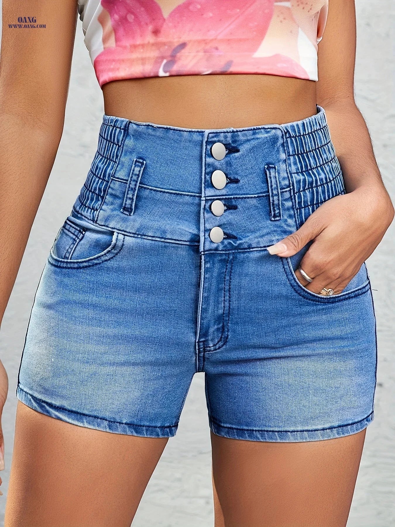 Women's High-Waisted Stretchy Denim Shorts - Perfect for Spring/Summer   OAXG 