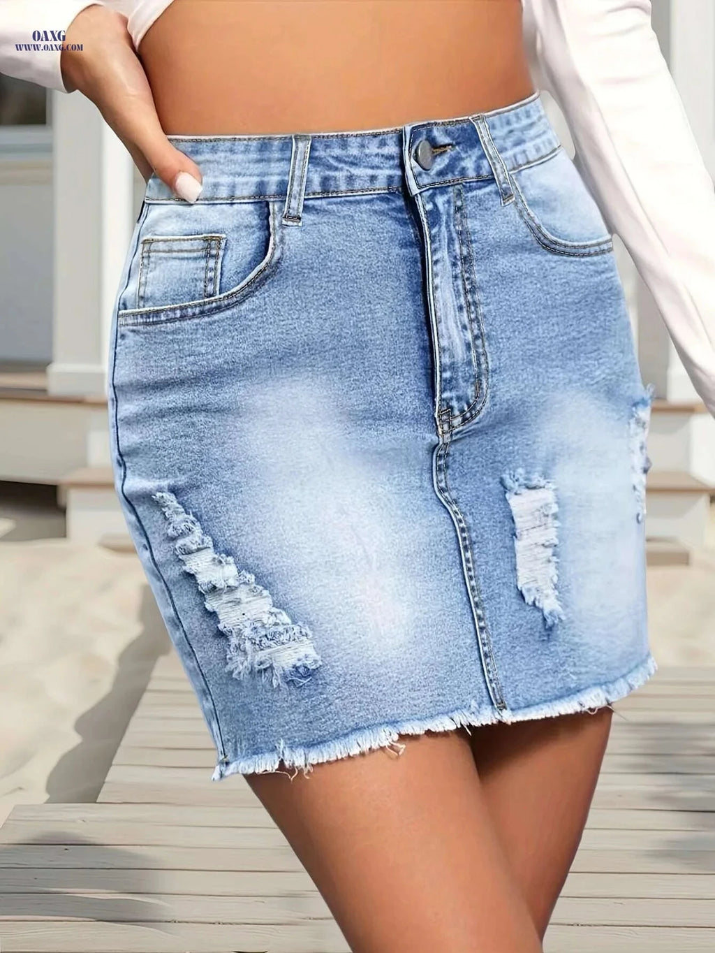 Women's High-Waisted Stretchy Denim Skirt - Machine Washable, Casual & Formal   OAXG Blue / XS