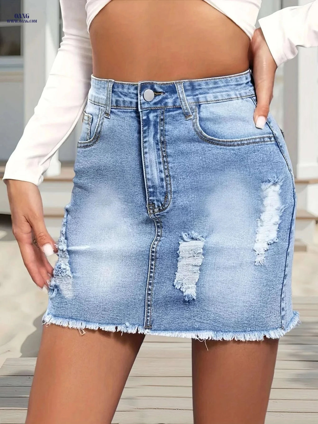 Women's High-Waisted Stretchy Denim Skirt - Machine Washable, Casual & Formal   OAXG 