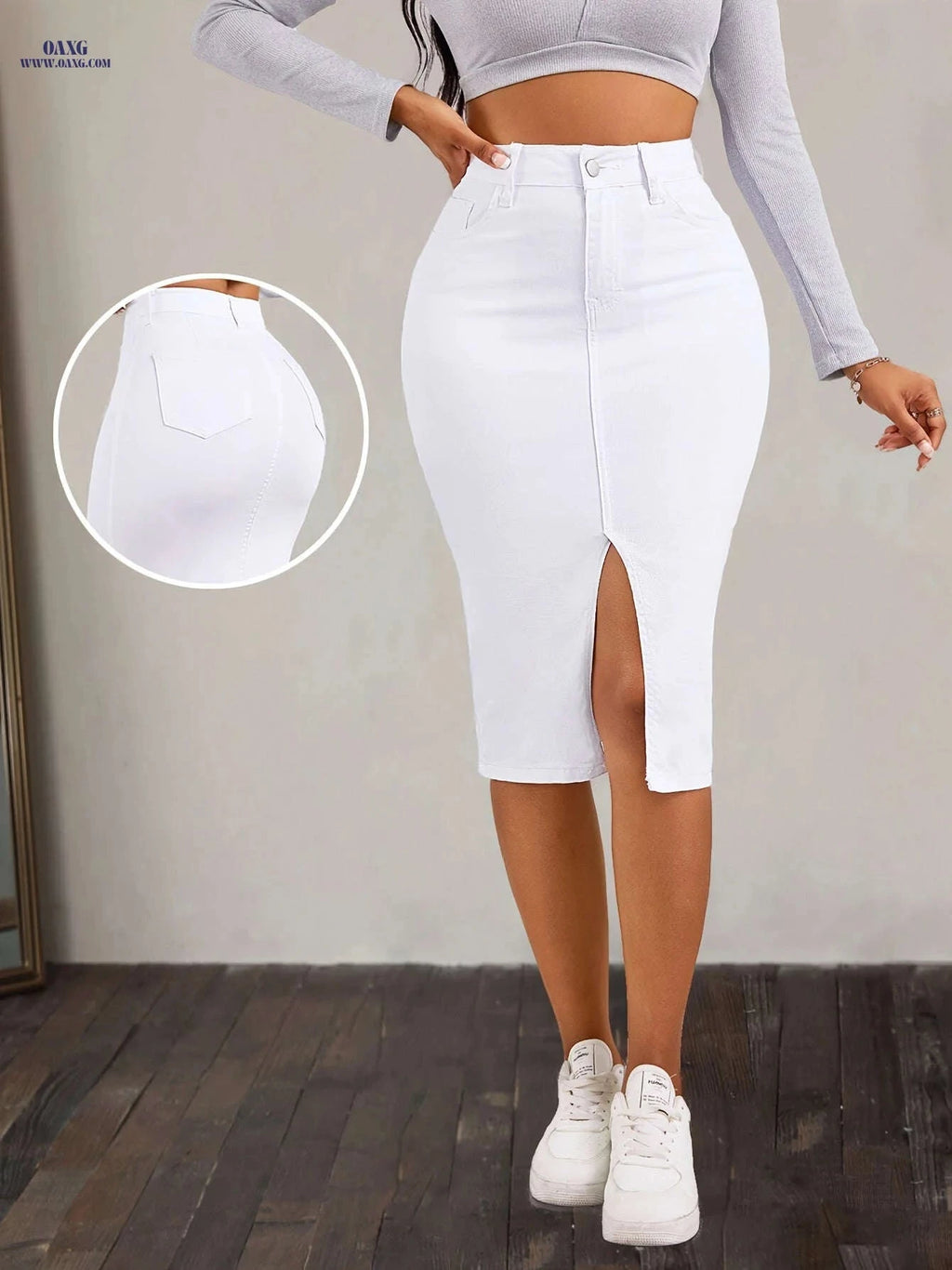 Women's High-Waisted Stretchy Denim Skirt - Slim Fit for Casual Style   OAXG White / XS