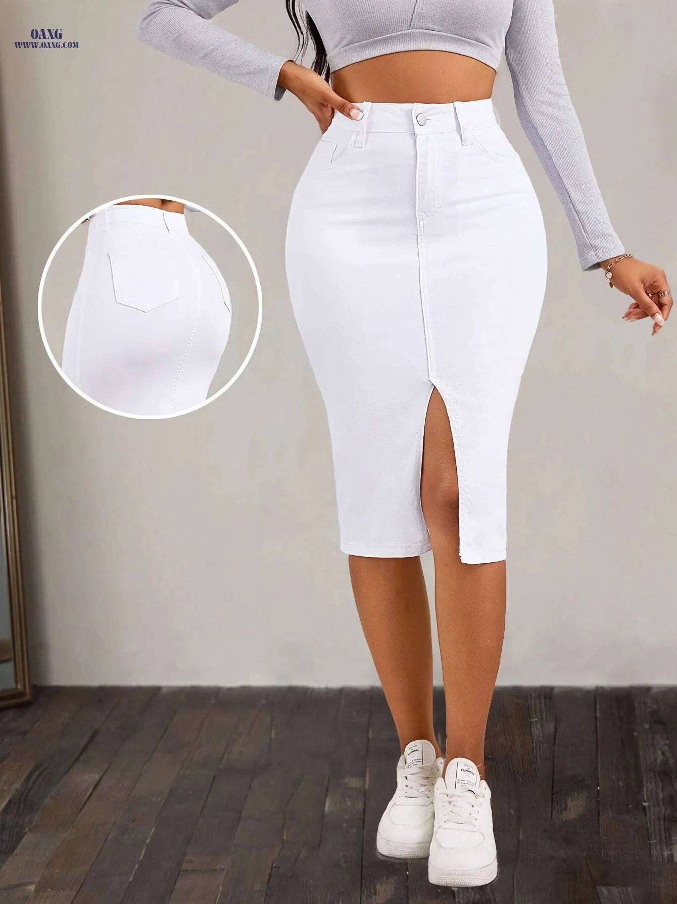 Women's High-Waisted Stretchy Denim Skirt - Slim Fit for Casual Style   OAXG White / XS
