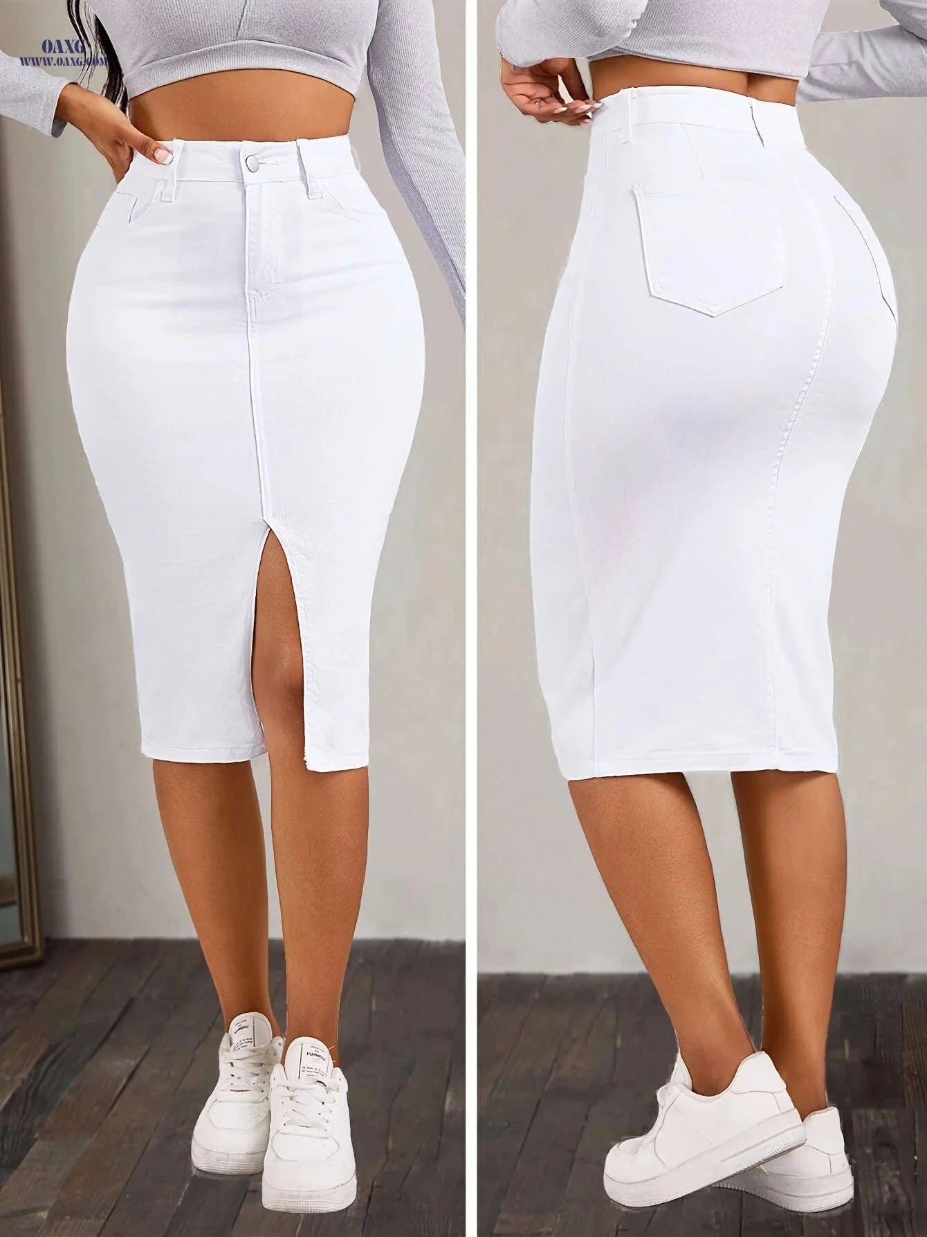 Women's High-Waisted Stretchy Denim Skirt - Slim Fit for Casual Style   OAXG White / XS