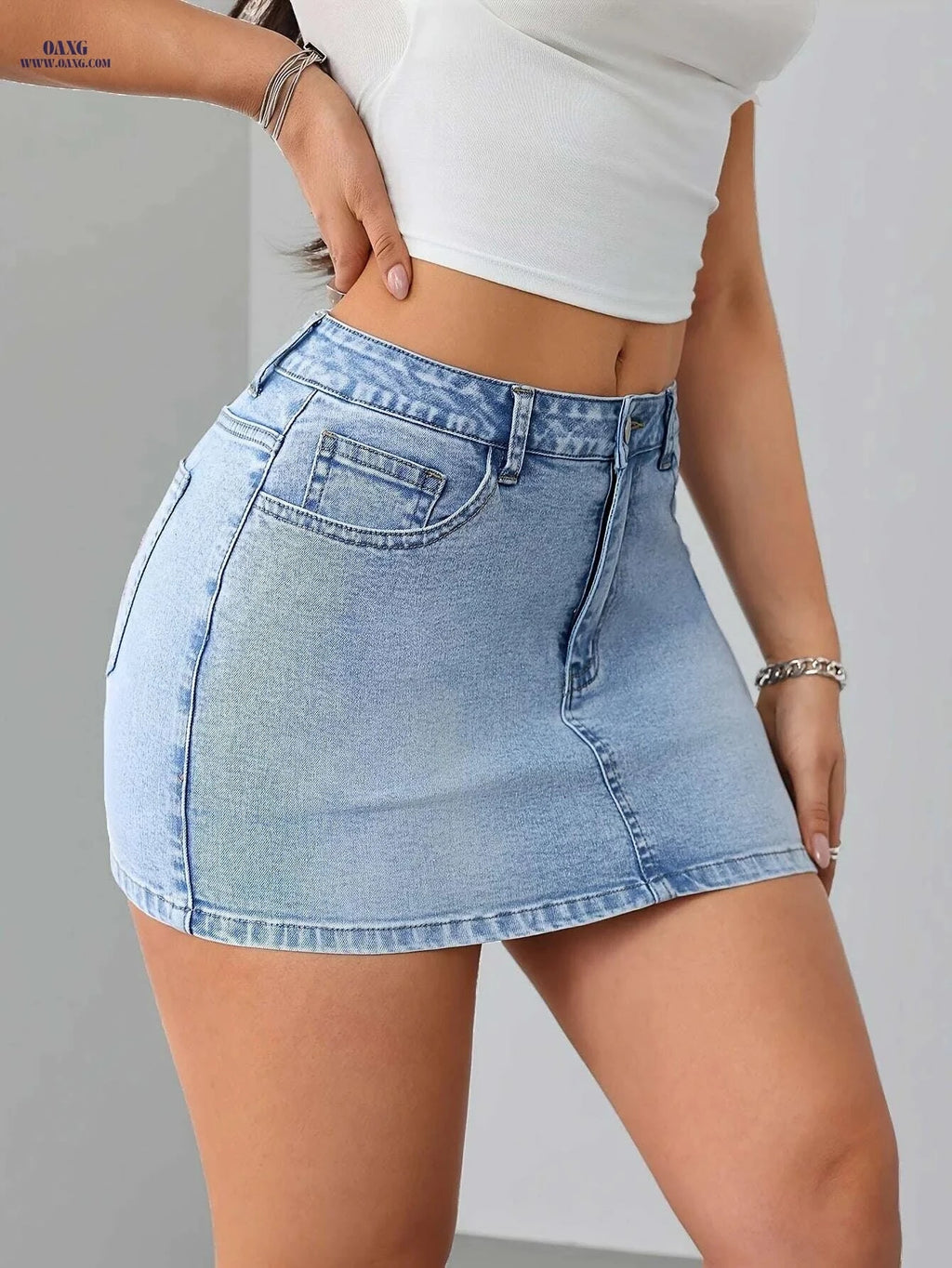 Women's High-Waisted Stretchy Skinny Skirt - Butterfly Embroidery Design   OAXG Light Blue / XS