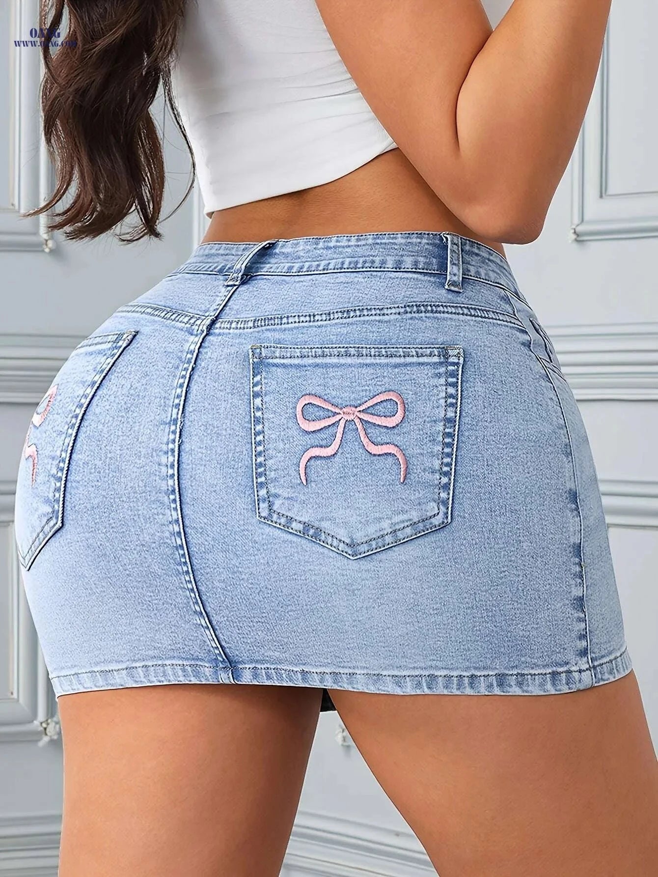 Women's High-Waisted Stretchy Skinny Skirt - Butterfly Embroidery Design   OAXG Light Blue / XS