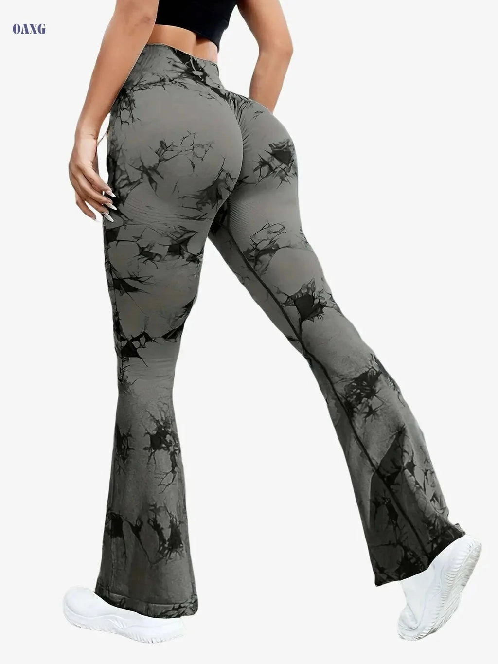 Women's High-Waisted Tie-Dye Floral Flare Leggings - Stretchy & Breathable   OAXG Black / S