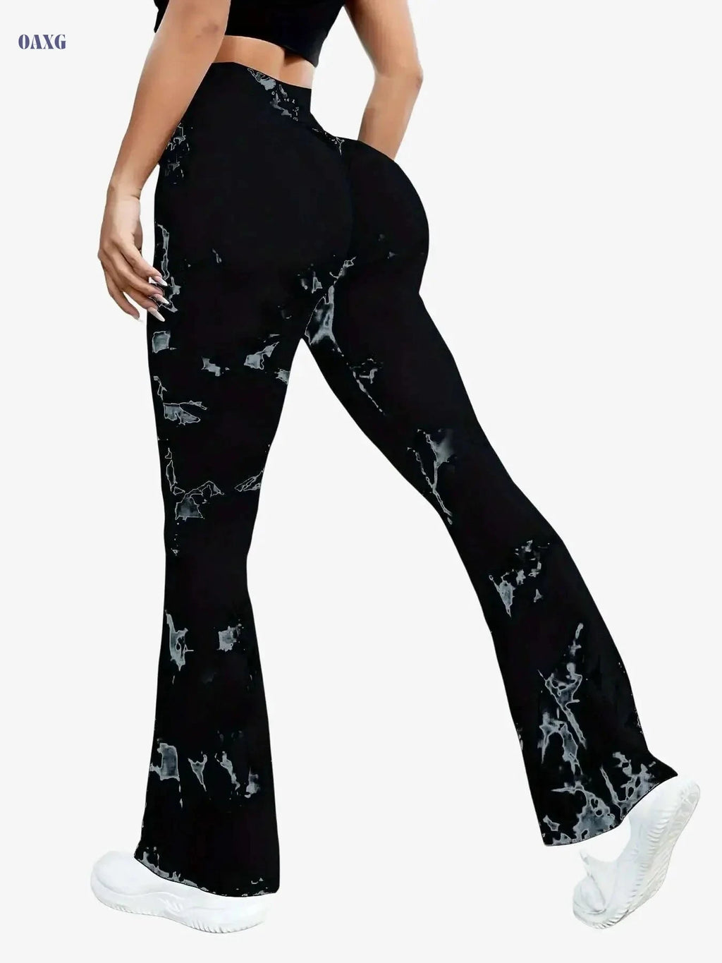 Women's High-Waisted Tie-Dye Floral Flare Leggings - Stretchy & Breathable   OAXG Black / S