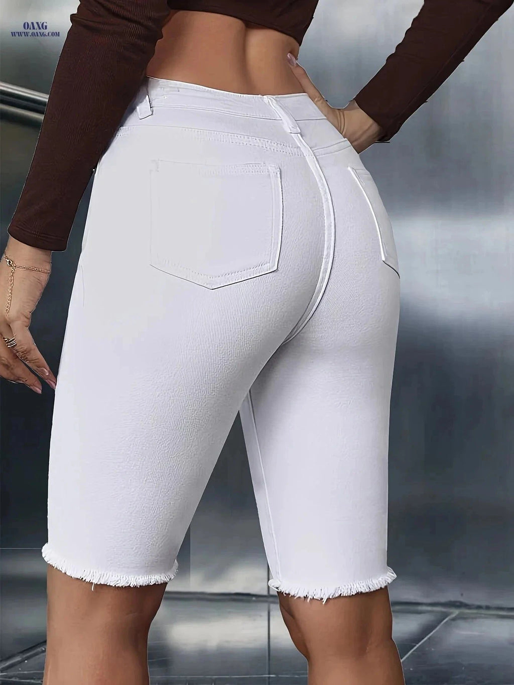 Women's High-Waisted White Skinny Jeans - Frayed Hem for Summer   OAXG White / XS