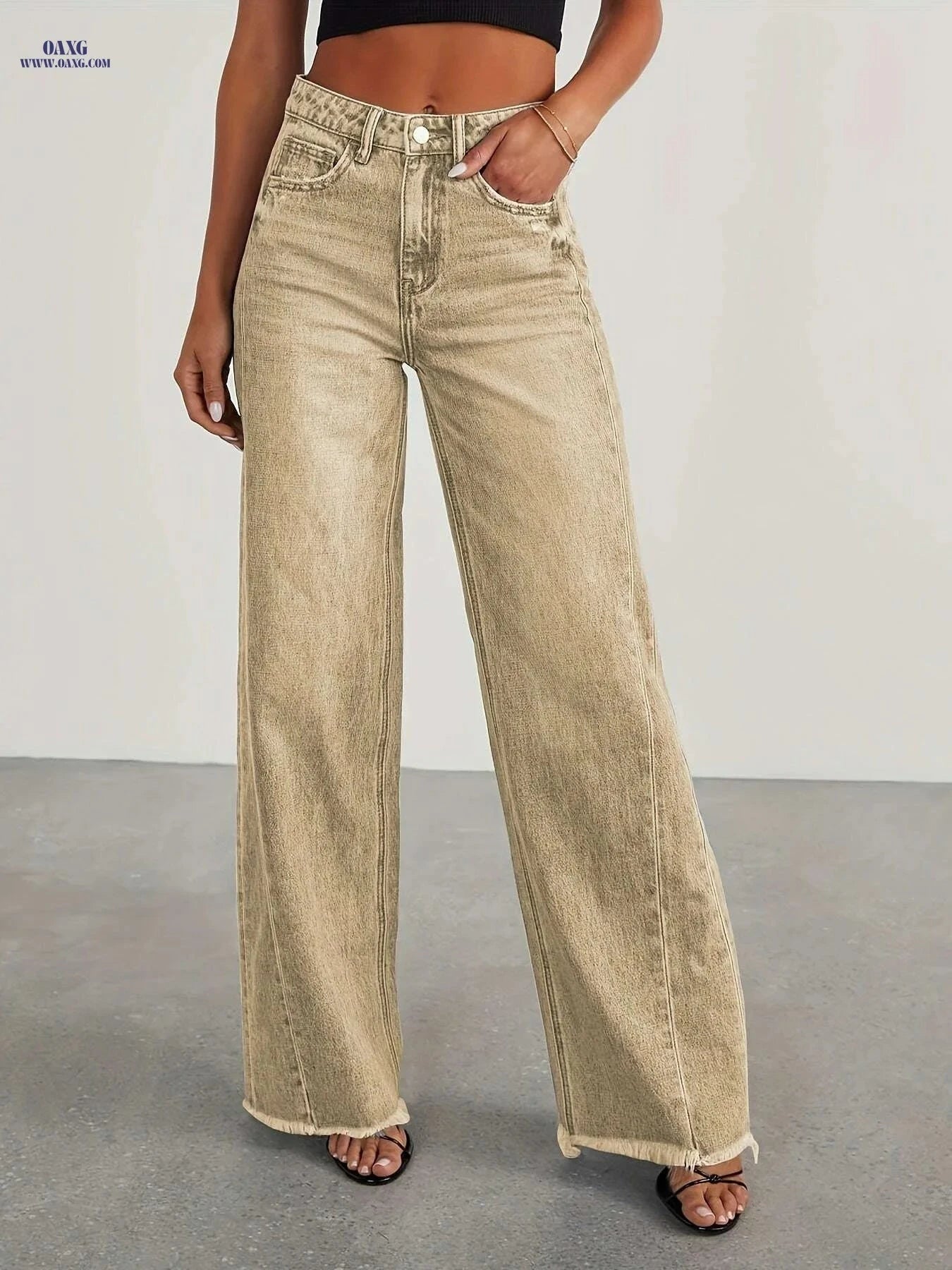 Women's High-Waisted Wide Leg Jeans - Casual Stretch Denim Pants   OAXG Light Blue / S