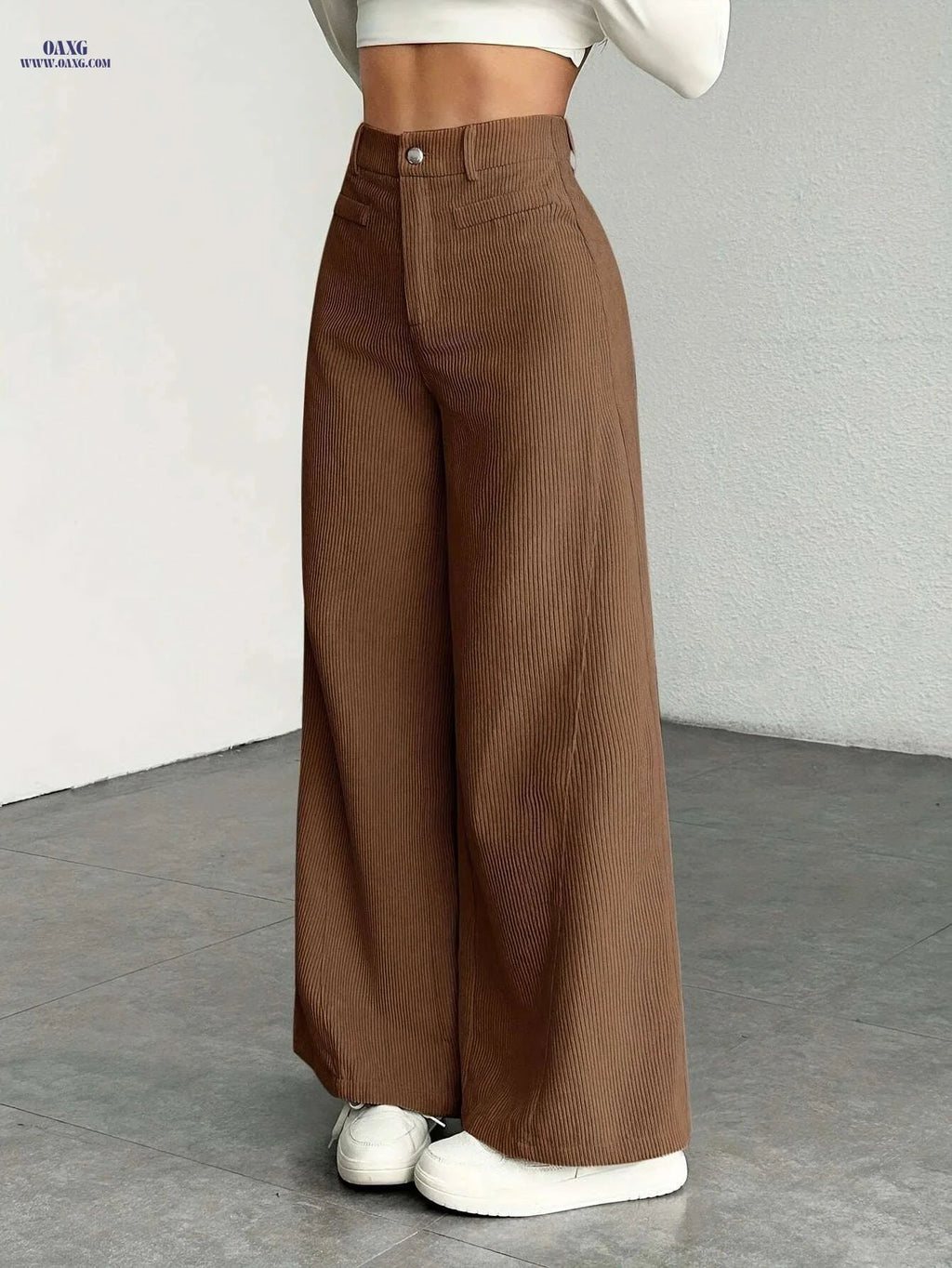 Women's High-Waisted Wide-Leg Pants - Casual Corduroy Trousers   OAXG Grey / XS