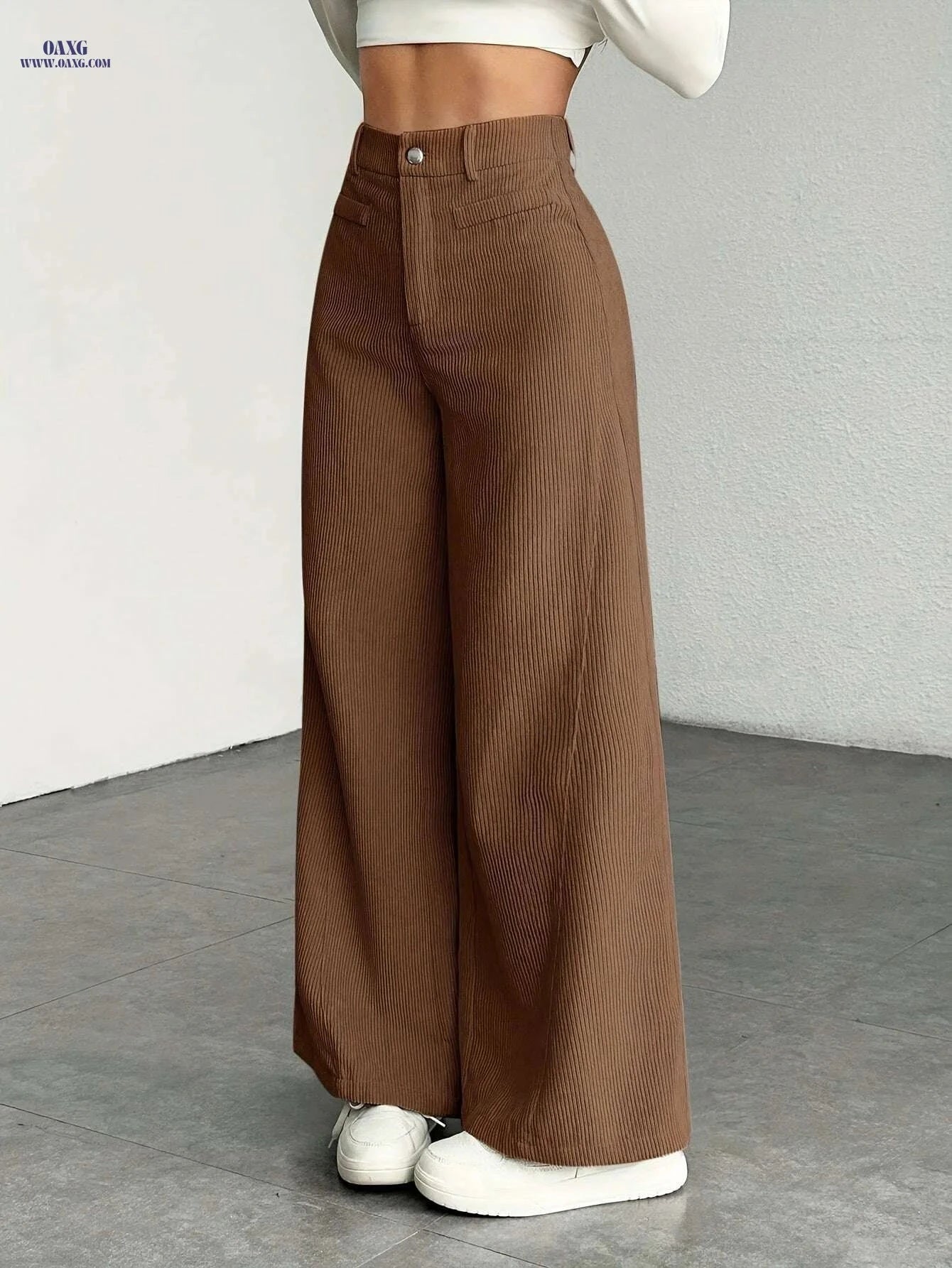 Women's High-Waisted Wide-Leg Pants - Casual Corduroy Trousers   OAXG Grey / XS