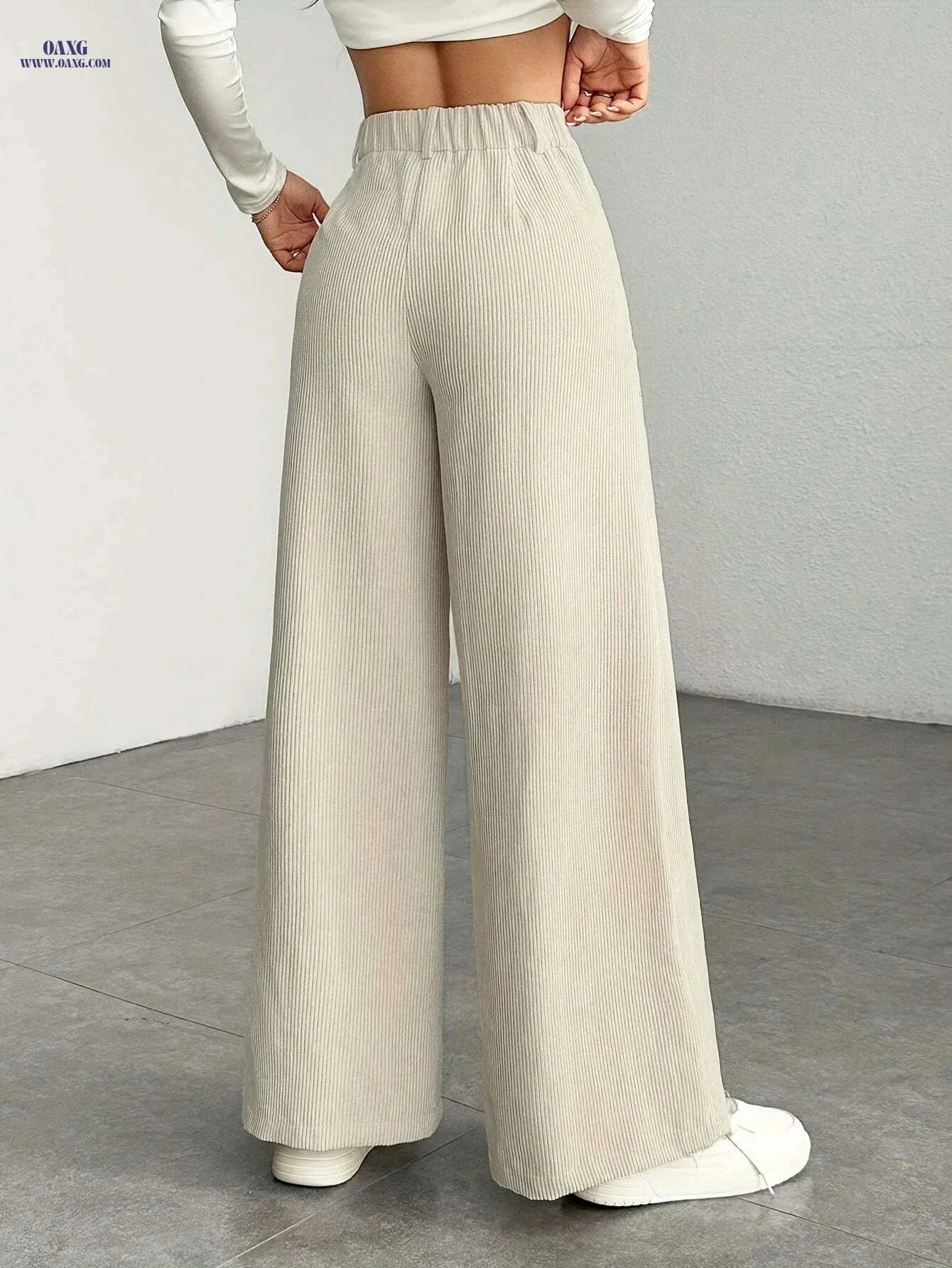 Women's High-Waisted Wide-Leg Pants - Casual Corduroy Trousers   OAXG Grey / XS