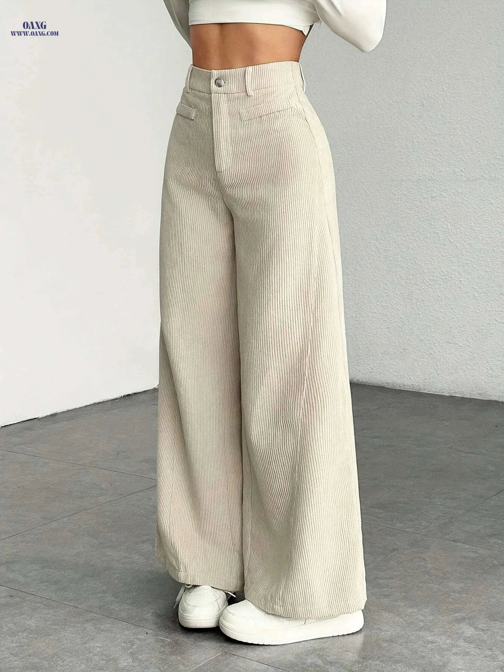 Women's High-Waisted Wide-Leg Pants - Casual Corduroy Trousers   OAXG Grey / XS