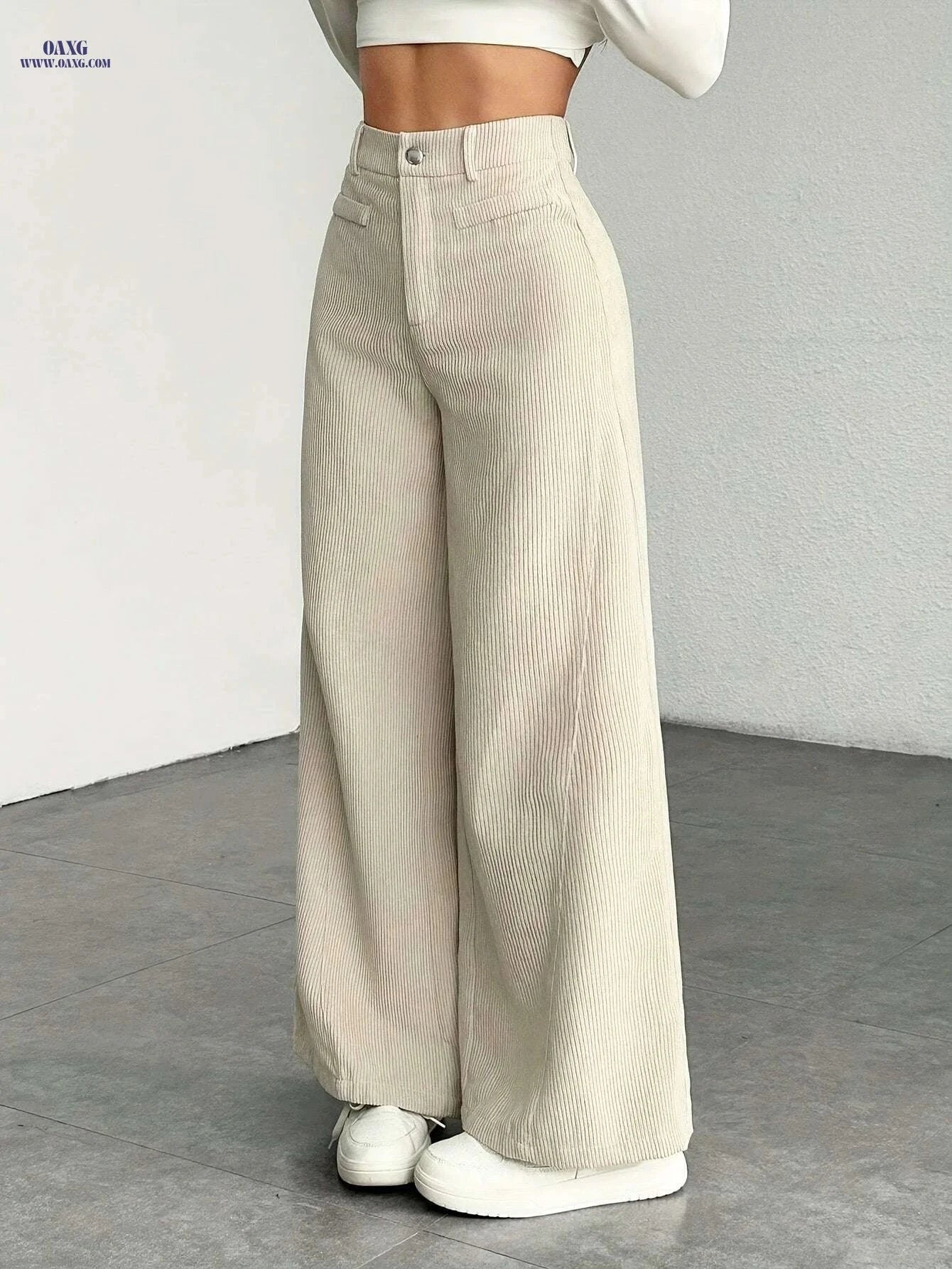 Women's High-Waisted Wide-Leg Pants - Casual Corduroy Trousers   OAXG Grey / XS