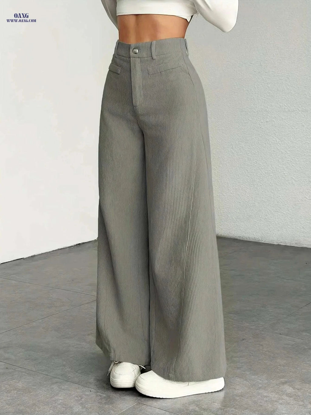 Women's High-Waisted Wide-Leg Pants - Casual Corduroy Trousers   OAXG Grey / XS