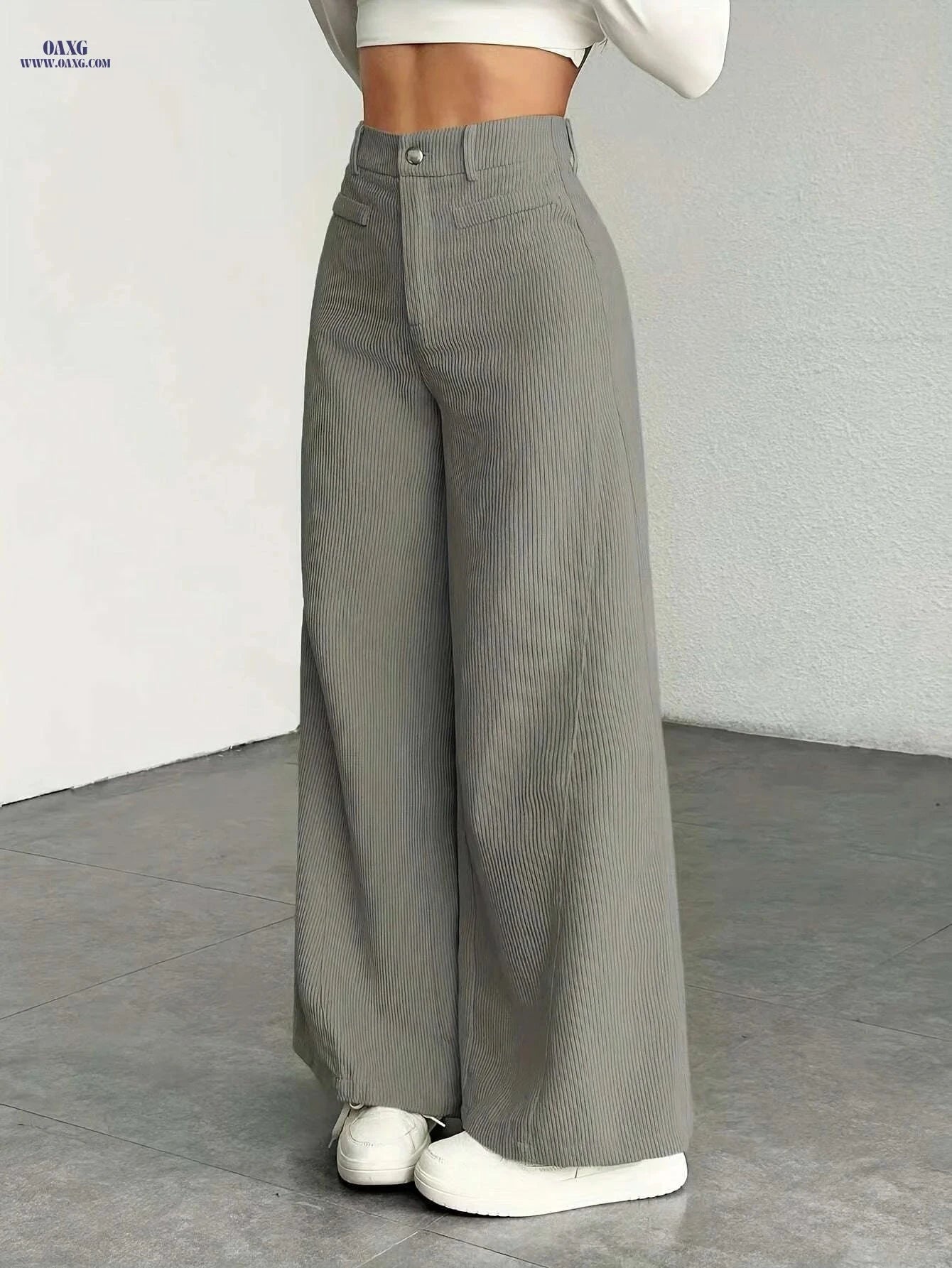 Women's High-Waisted Wide-Leg Pants - Casual Corduroy Trousers   OAXG Grey / XS