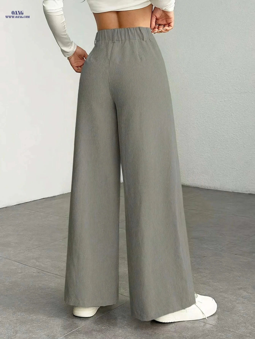 Women's High-Waisted Wide-Leg Pants - Casual Corduroy Trousers   OAXG Grey / XS