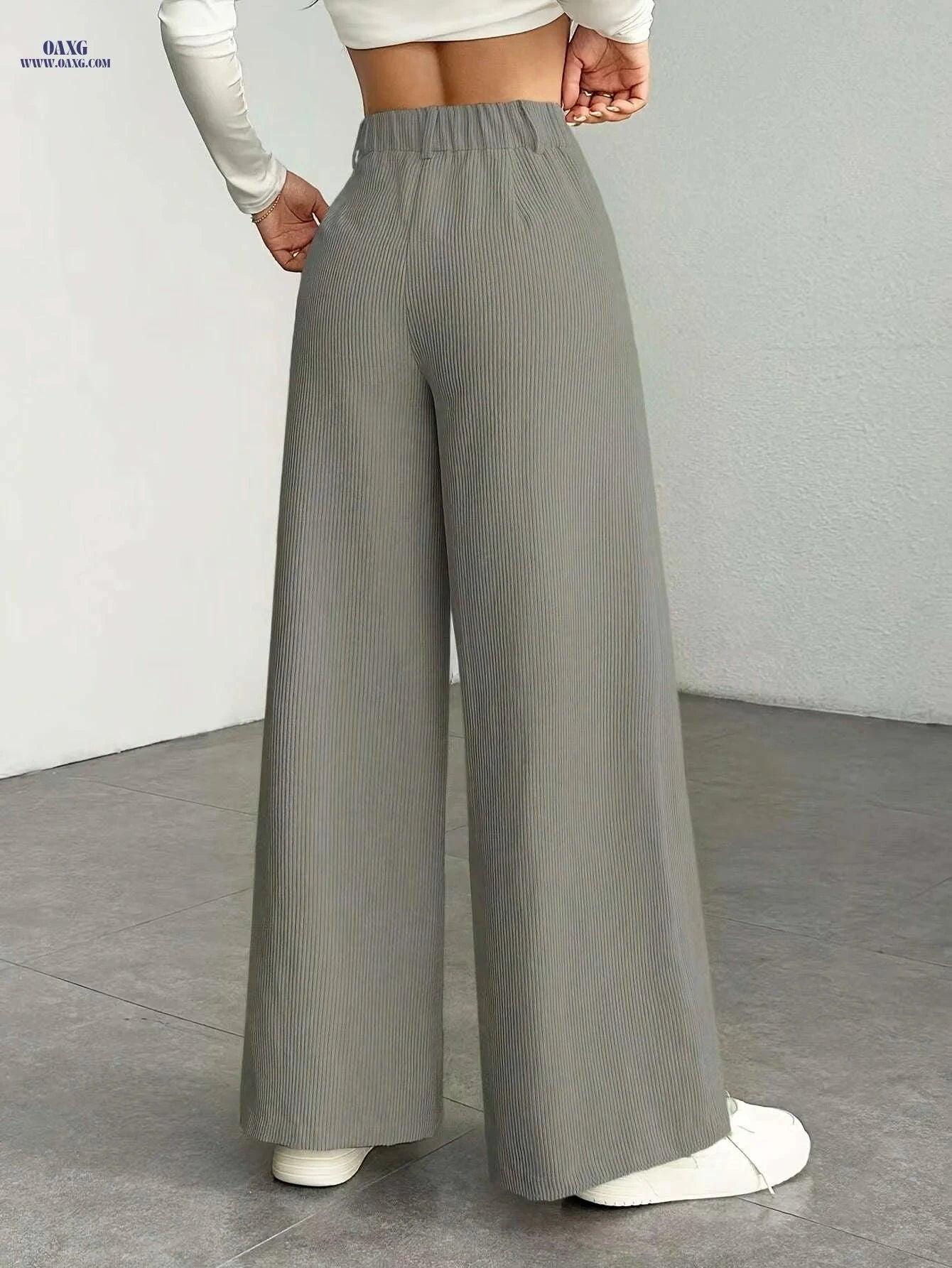 Women's High-Waisted Wide-Leg Pants - Casual Corduroy Trousers   OAXG Grey / XS