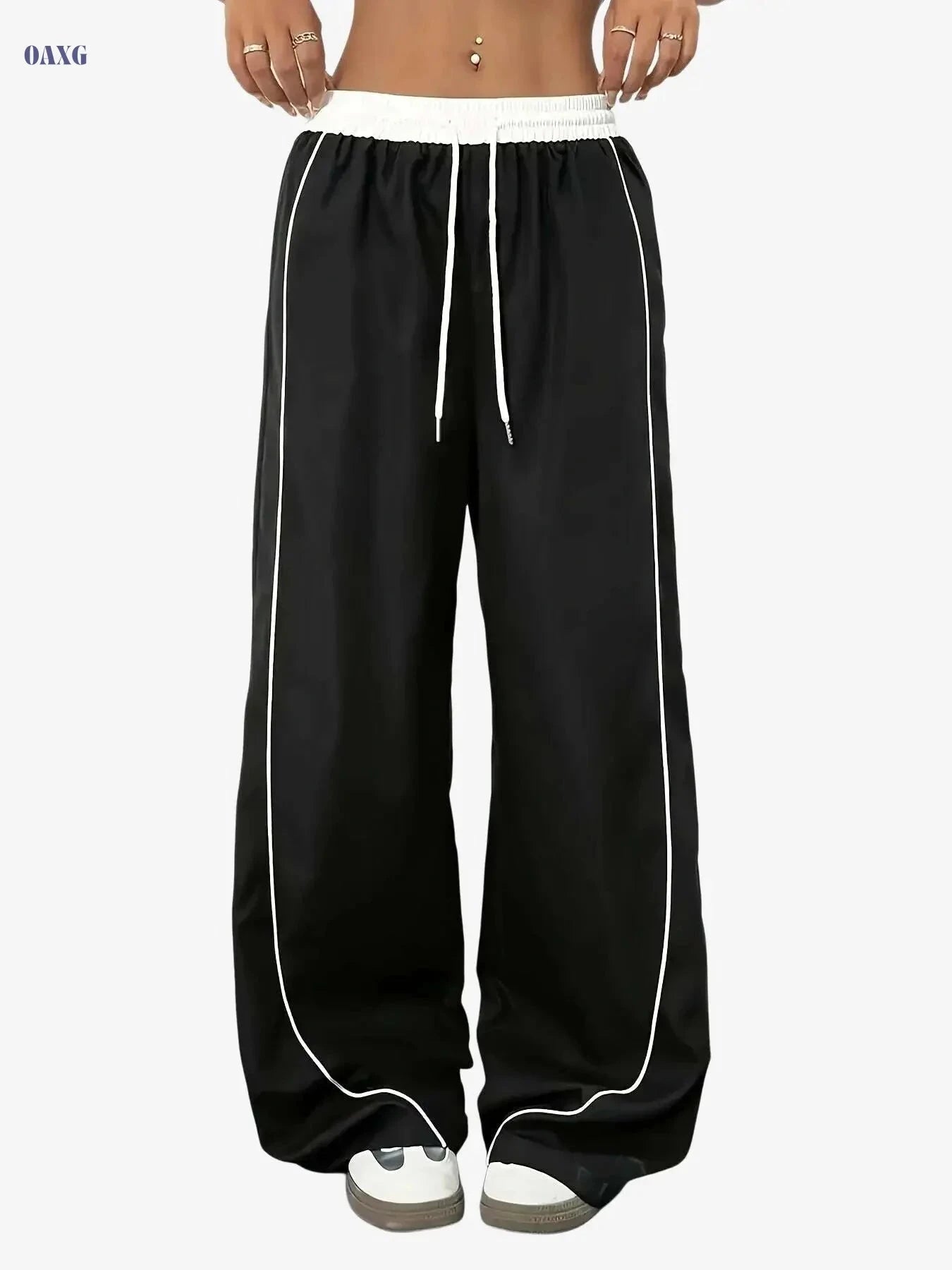 Women's High-Waisted Wide-Leg Pants - Casual Drawstring Trousers   OAXG Navy Blue / S