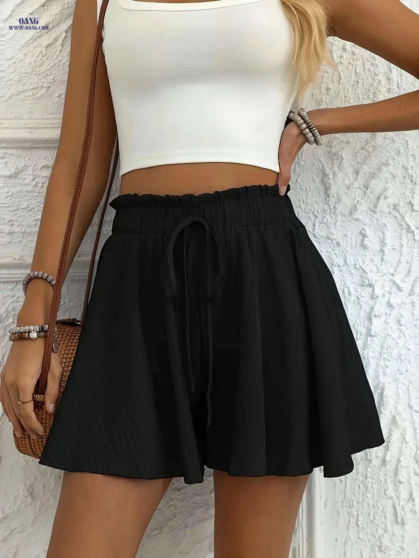 Women's High-Waisted Wide-Leg Skort - Solid Color, Elegant Style   OAXG 