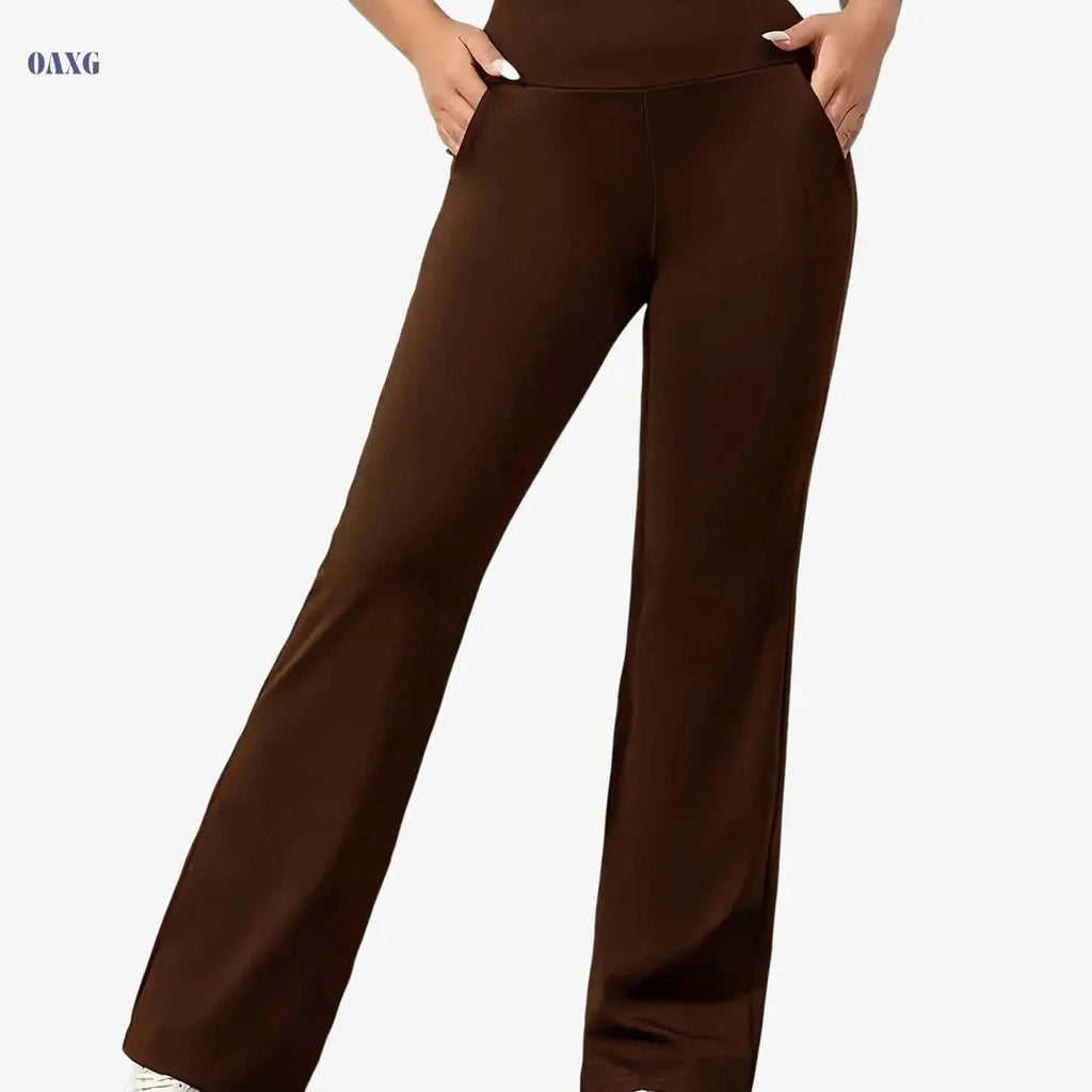 Women's High-Waisted Wide-Leg Sports Pants - Stretchy Casual Workout   OAXG Coffee Brown / S