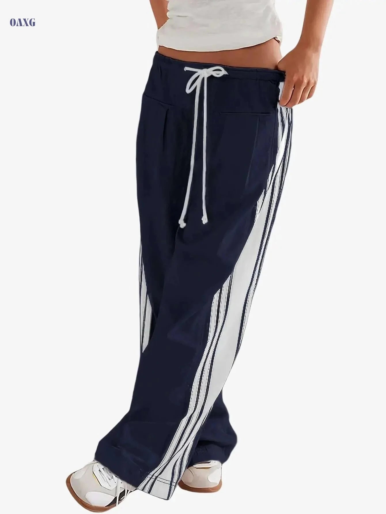 Women's High-Waisted Wide Leg Sweatpants - Pockets & Stripe Detail   OAXG Apricot / XS