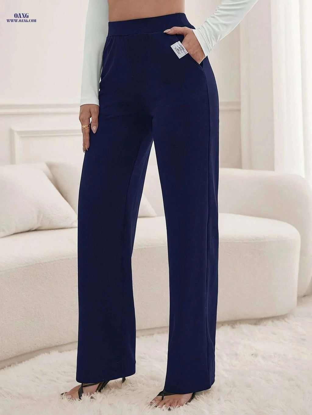 Women's High-Waisted Wide-Leg Trousers - Elegant Black Casual Pants   OAXG 