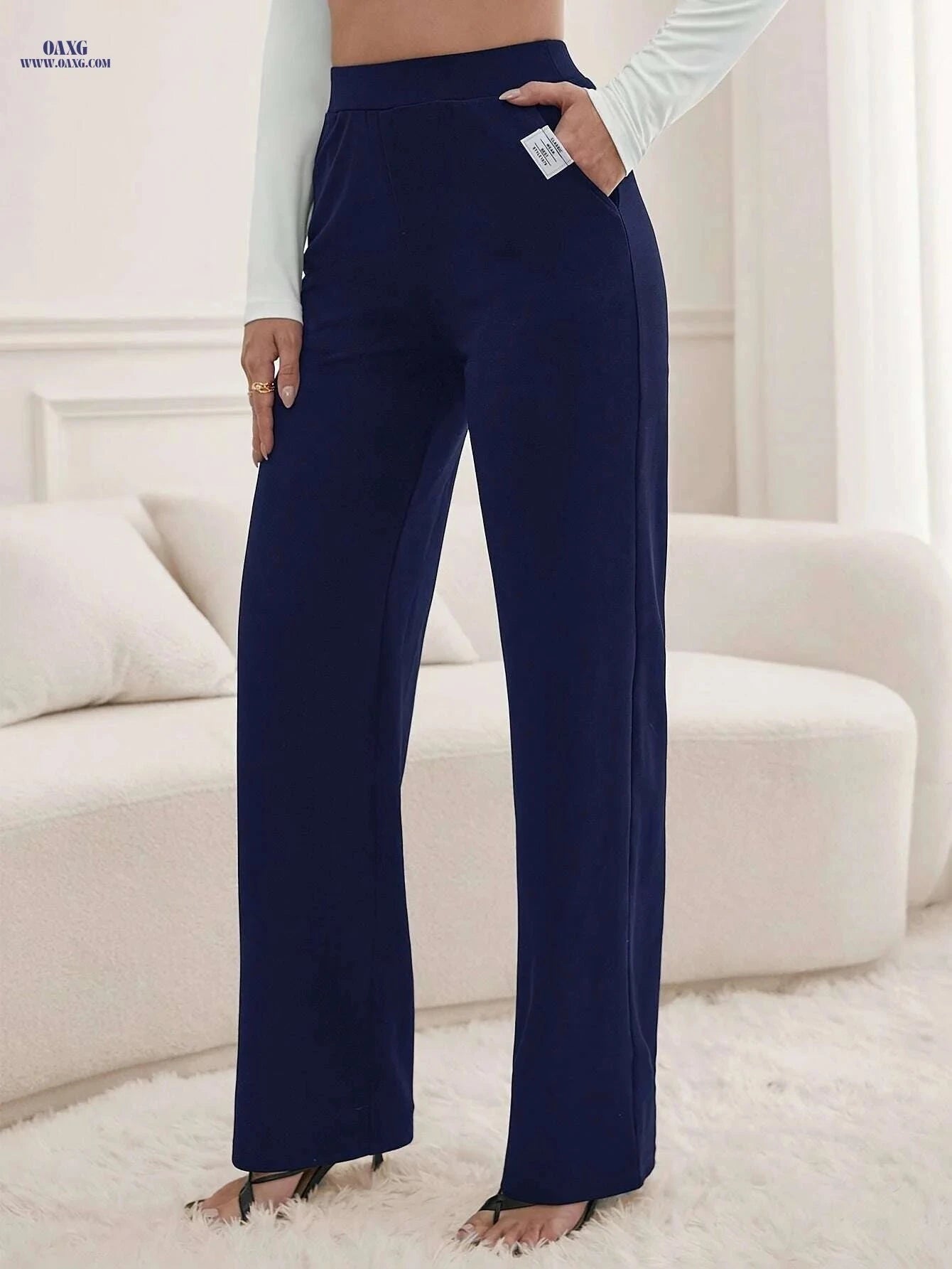 Women's High-Waisted Wide-Leg Trousers - Elegant Black Casual Pants   OAXG 