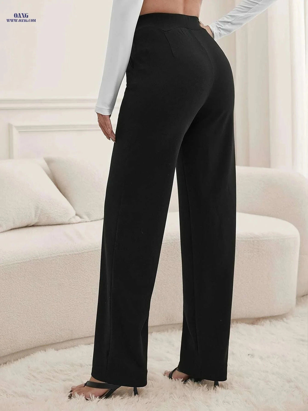 Women's High-Waisted Wide-Leg Trousers - Elegant Black Casual Pants   OAXG Black / XS
