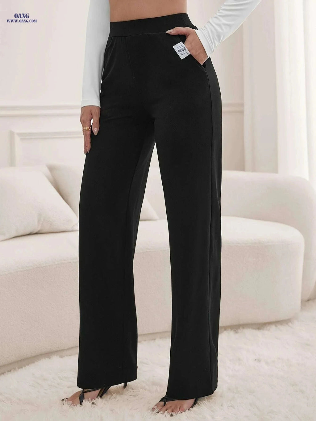 Women's High-Waisted Wide-Leg Trousers - Elegant Black Casual Pants   OAXG Black / XS
