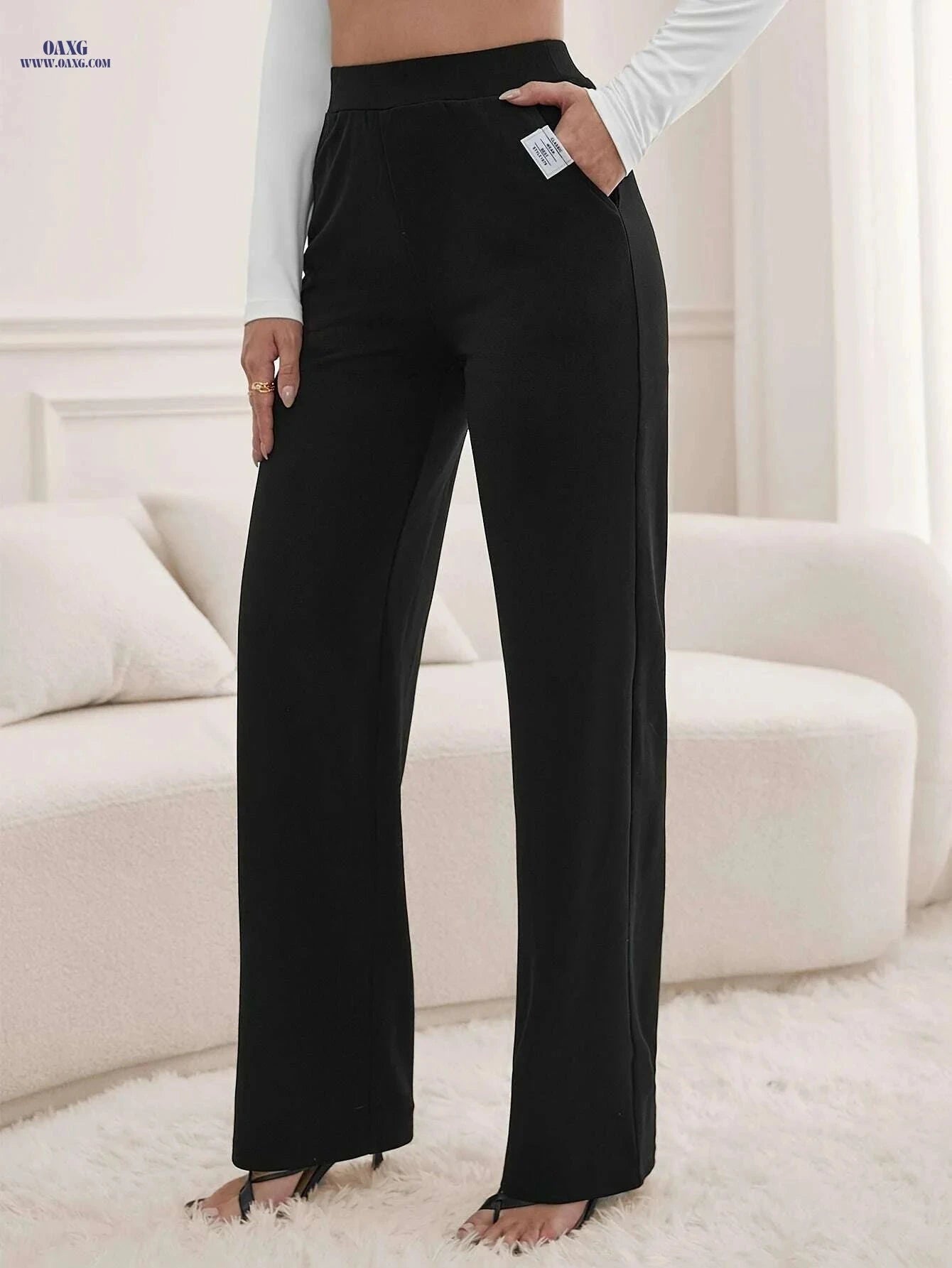 Women's High-Waisted Wide-Leg Trousers - Elegant Black Casual Pants   OAXG Black / XS