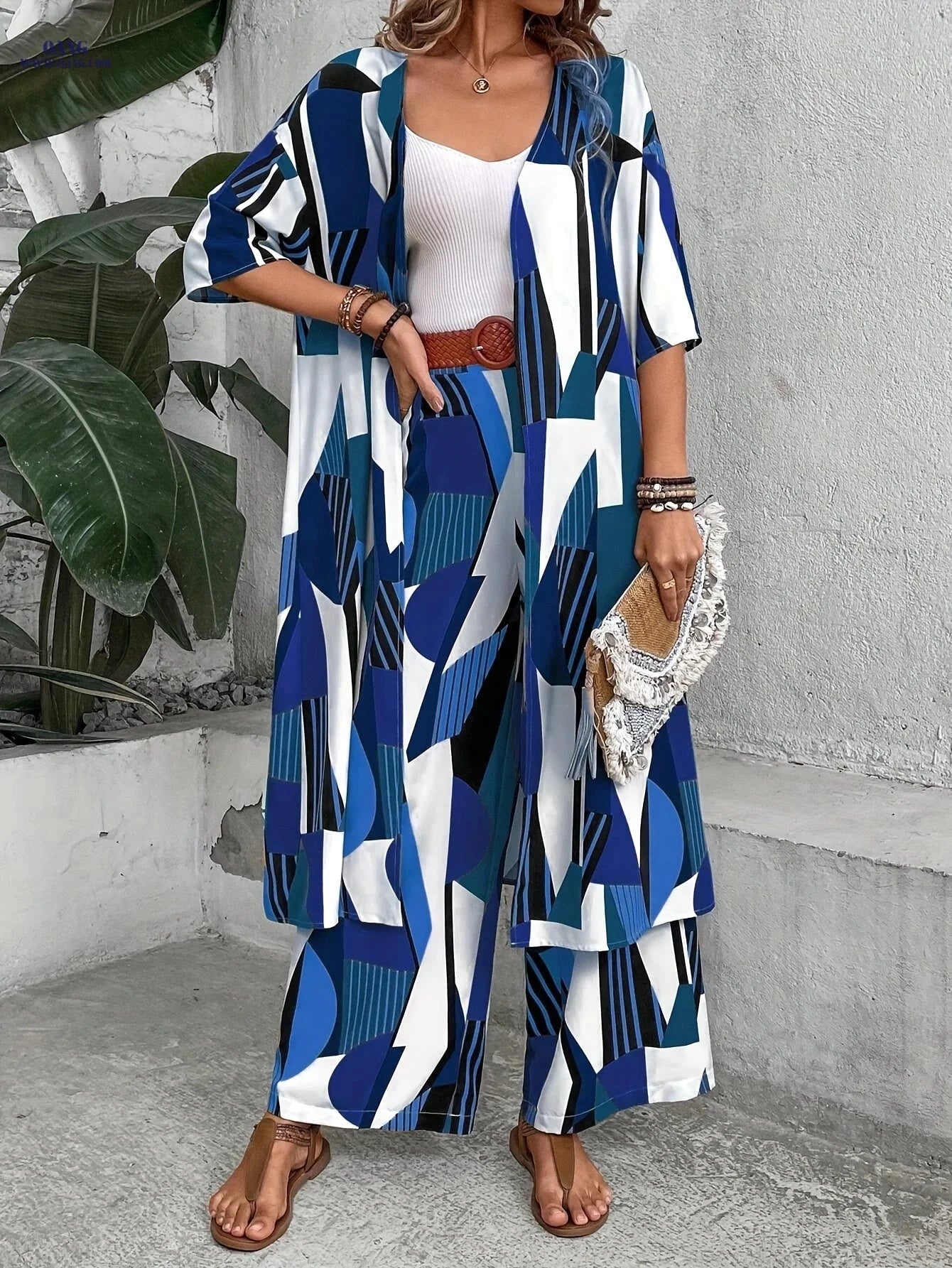 Women's Holiday 2pcs Set - Elegant Long Top & Wide-Leg Pants   OAXG Royal Blue / S