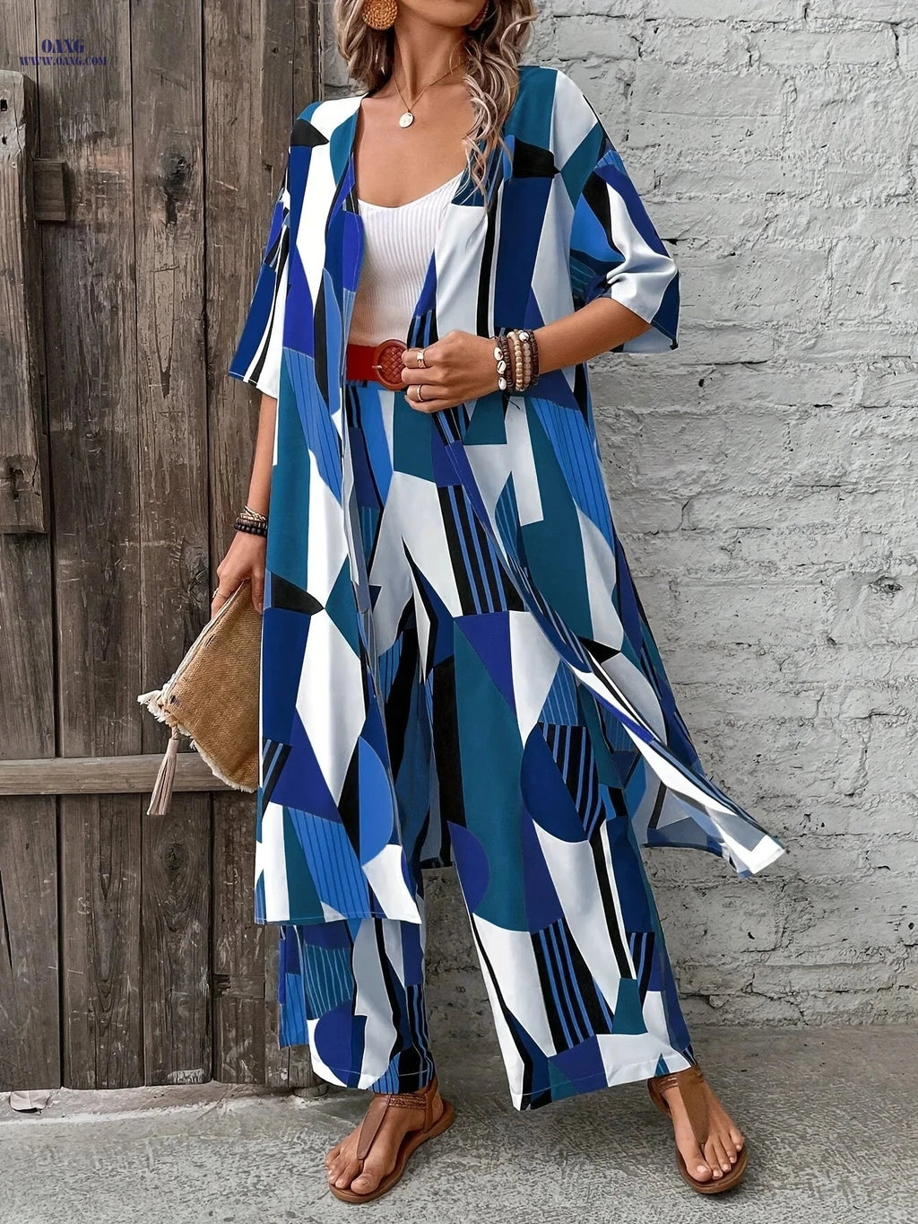 Women's Holiday 2pcs Set - Elegant Long Top & Wide-Leg Pants   OAXG Royal Blue / S