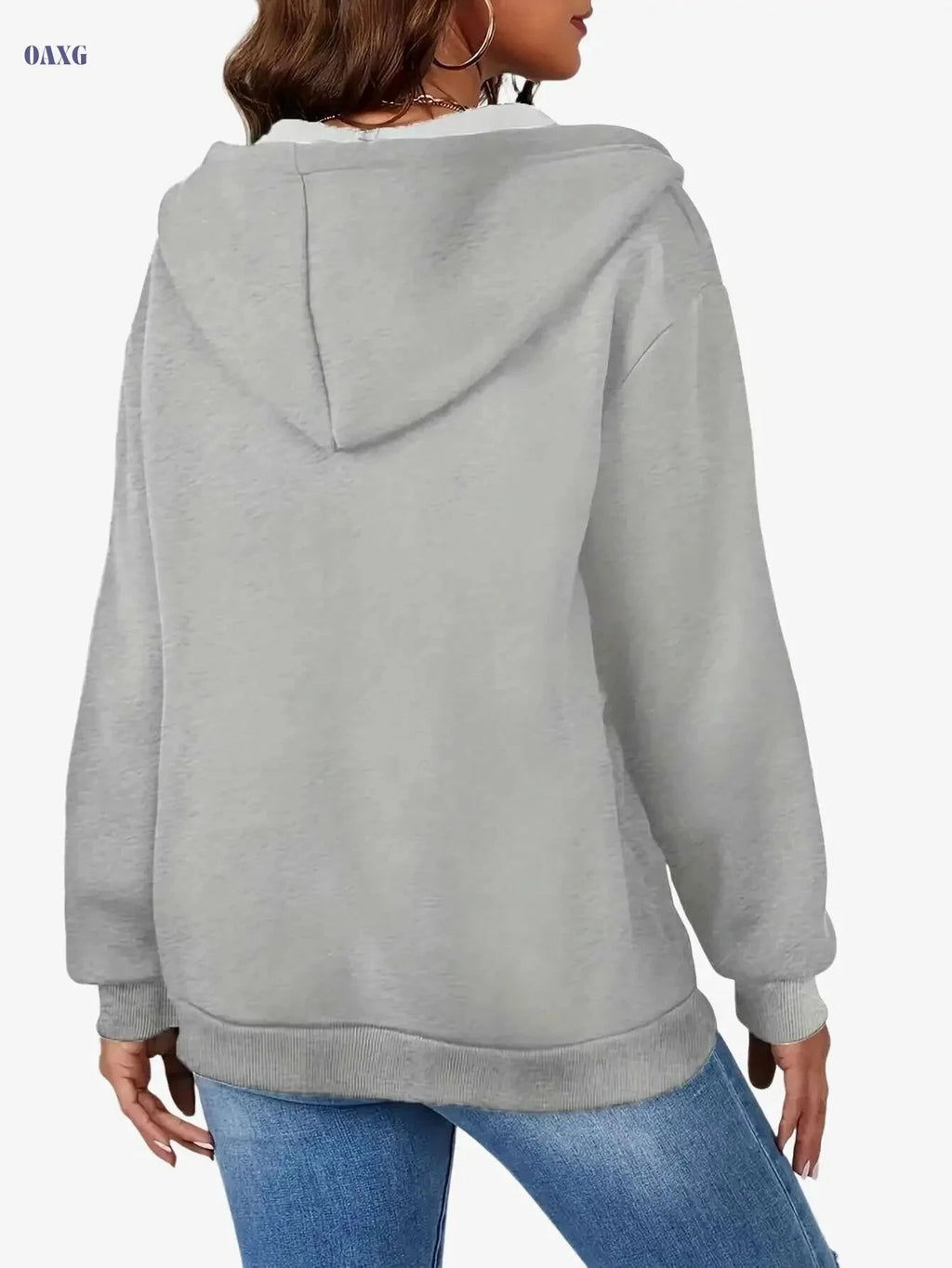 Women's Hooded Sports Hoodie - Full Zipper, Solid Color, Long Sleeve   OAXG 