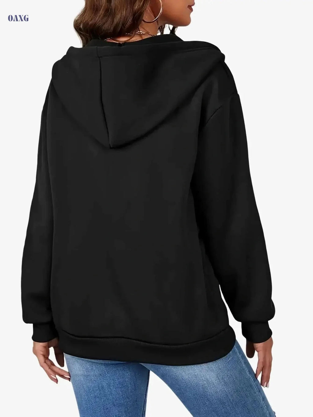 Women's Hooded Sports Hoodie - Full Zipper, Solid Color, Long Sleeve   OAXG Black / S