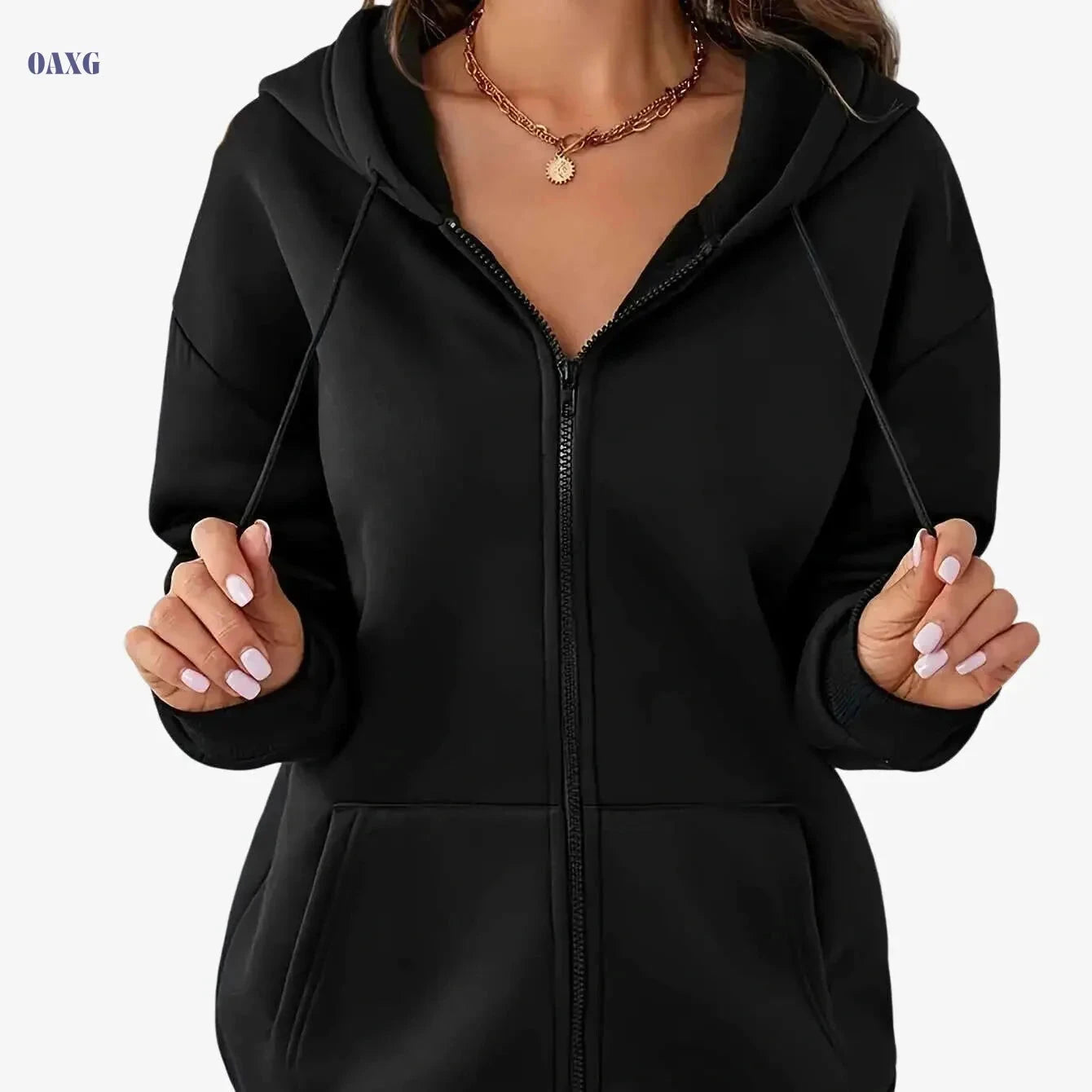 Women's Hooded Sports Hoodie - Full Zipper, Solid Color, Long Sleeve   OAXG Black / S