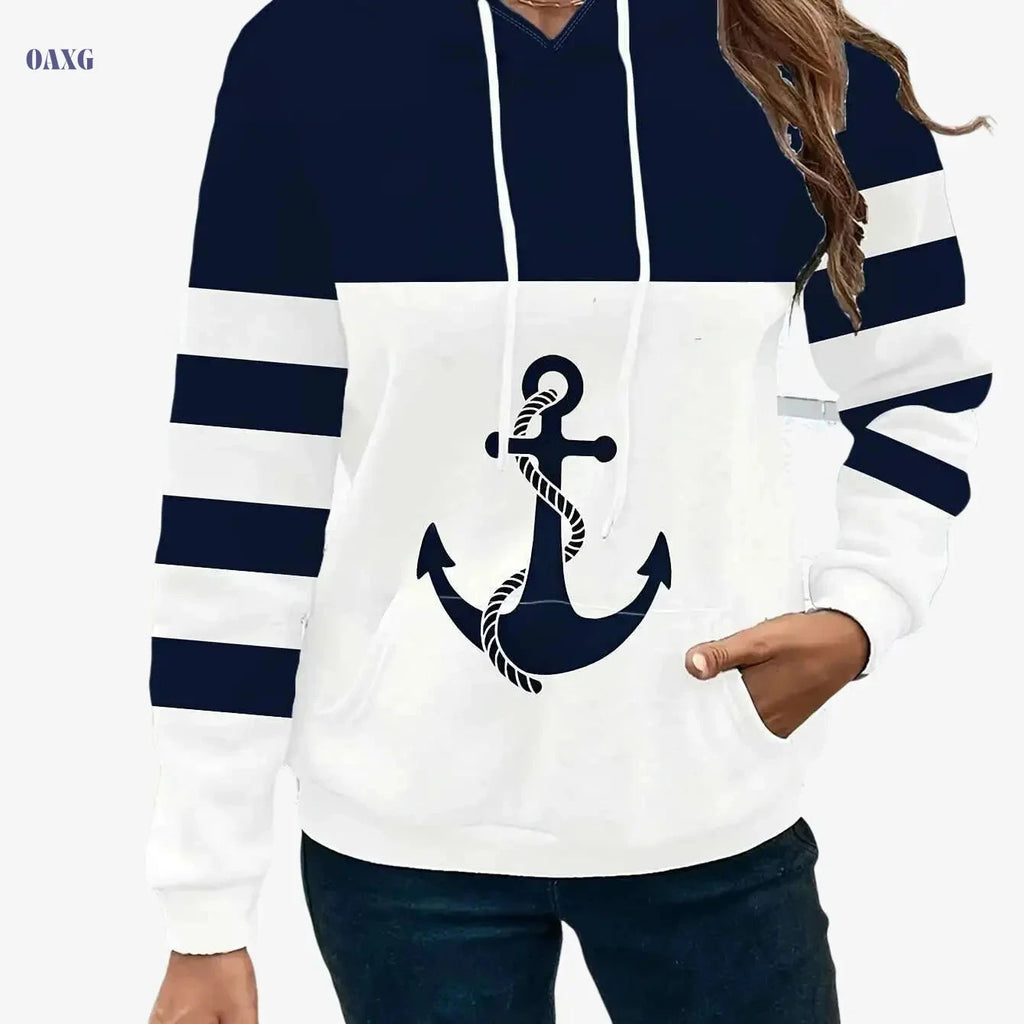 Women's Hooded Sports Sweatshirt - Casual Anchor Print for Daily Wear   OAXG 