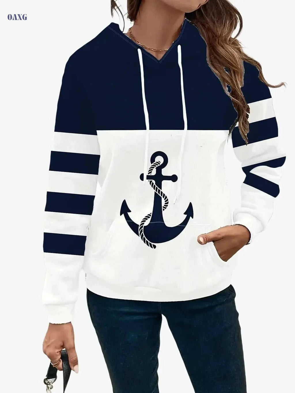 Women's Hooded Sports Sweatshirt - Casual Anchor Print for Daily Wear   OAXG Mixed Color / S
