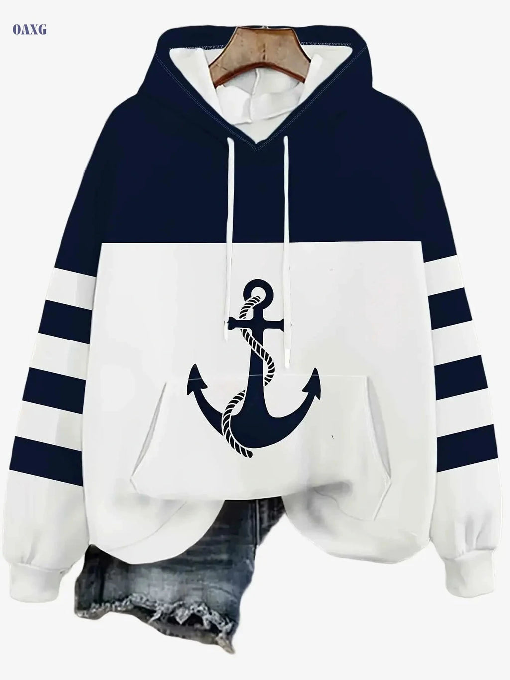 Women's Hooded Sports Sweatshirt - Casual Anchor Print for Daily Wear   OAXG Mixed Color / S